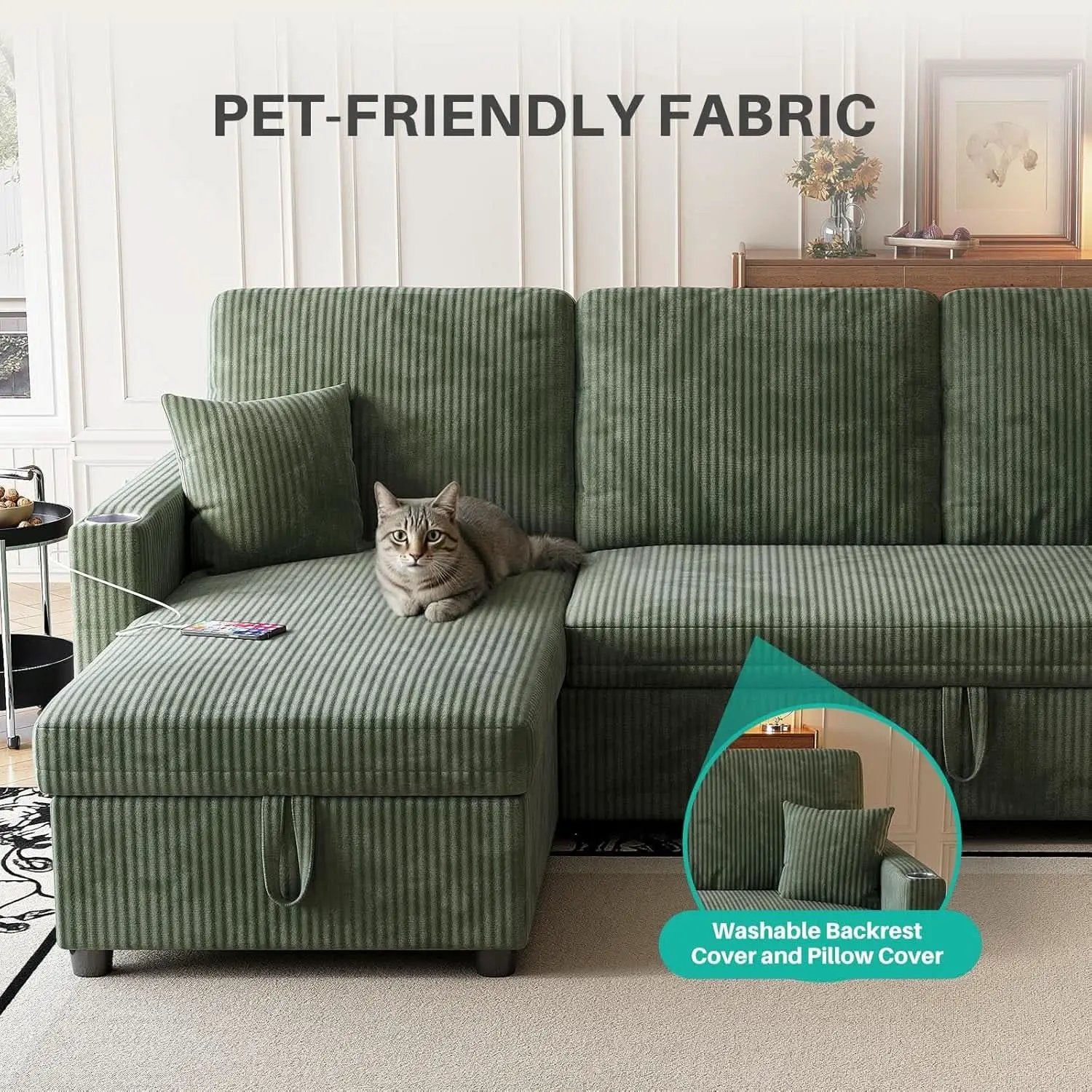 Luxurious Corduroy Green 83-Inch Sleeper Sectional Sofa from PriceLows™