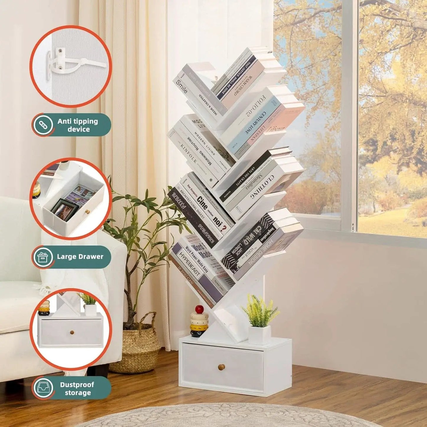 8 Tier Tree Bookshelf With Drawer White Wood Space Saving from PriceLows™