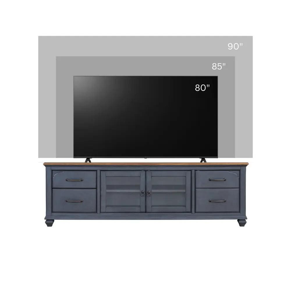 TV Stand For TVs Up To 90" - | 84 x 18 x 27 in | Glass & Wood | Blue