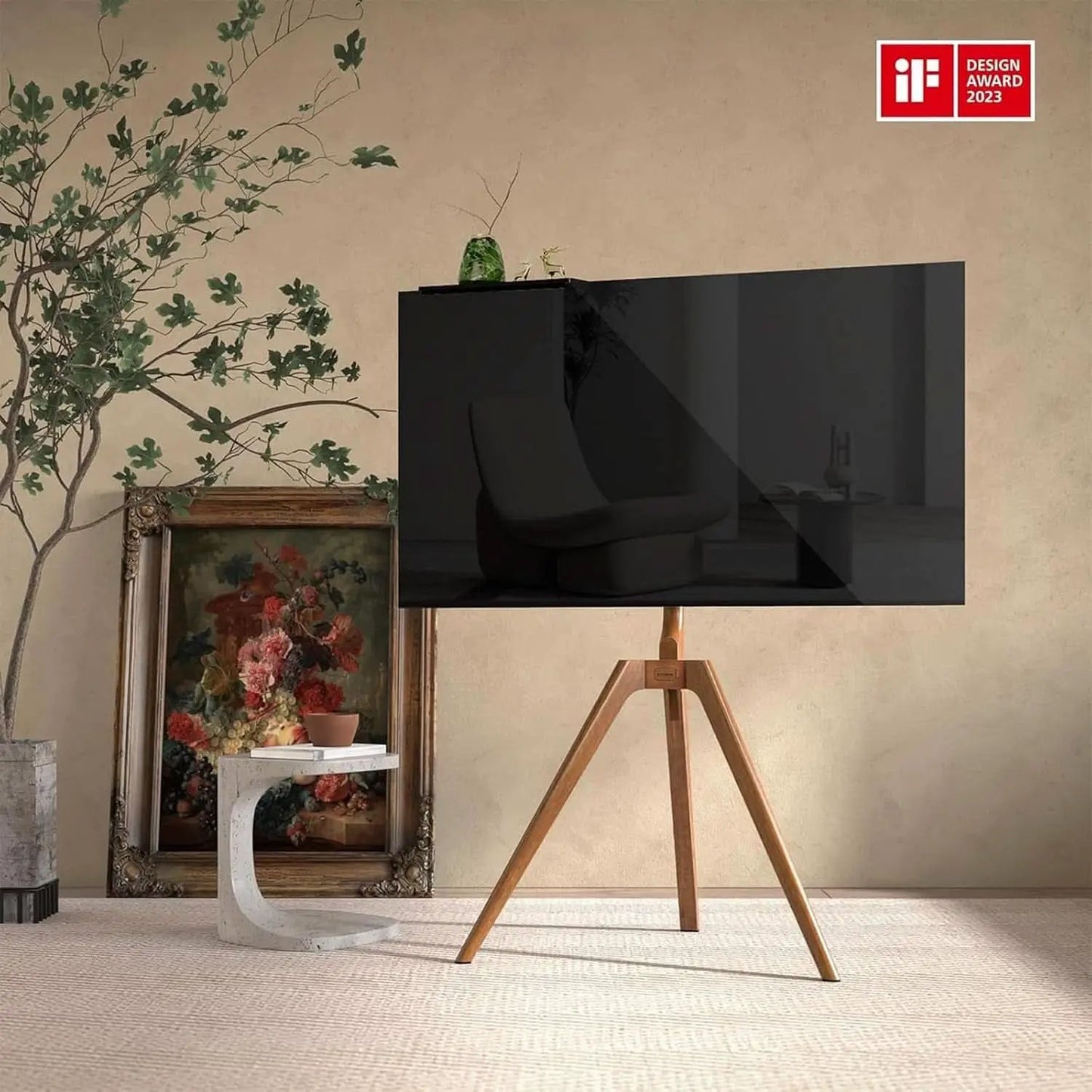 Wood Easel TV Stand For 45 To 65 Inch TVs Walnut Floor from PriceLows™