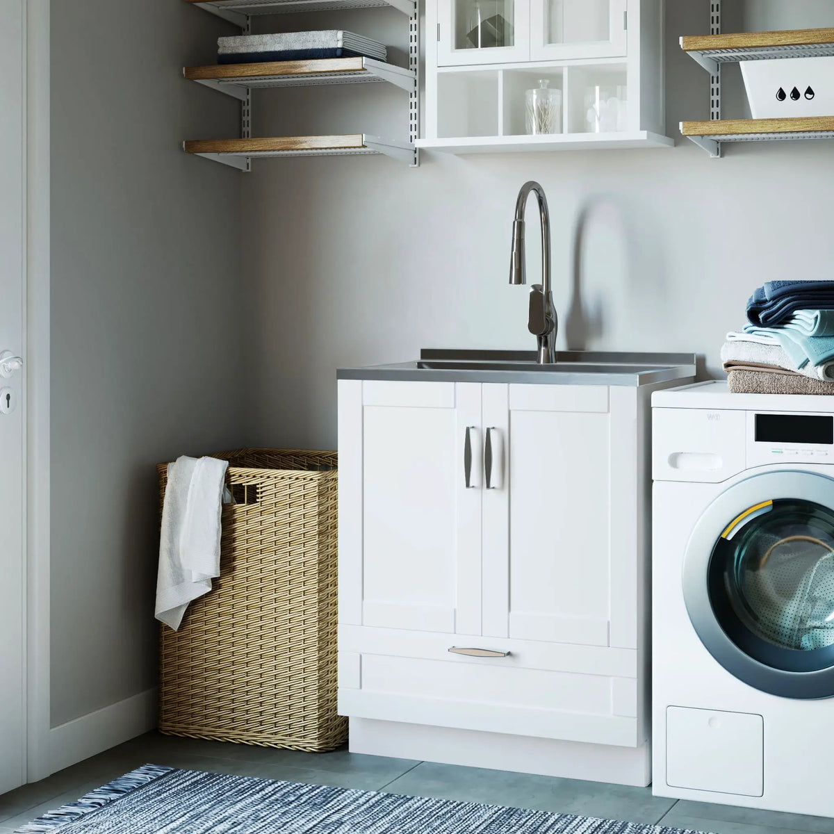 Reed Deluxe Laundry Cabinet | Pull-Out Faucet | Stainless Steel Sink | Two Doors And Bottom Drawer