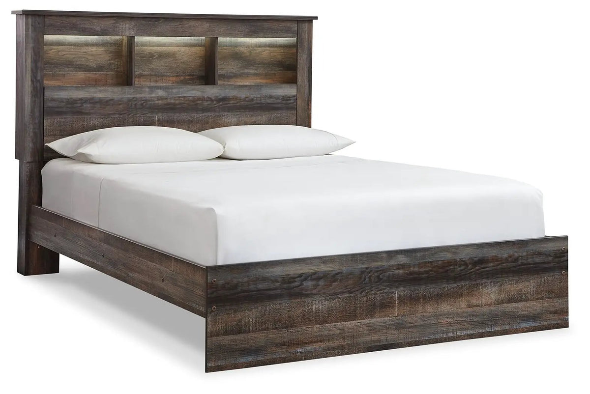 Drystan Panel Bookcase Bed | Storage Headboard | Rustic Industrial Style | 85 Inch Length