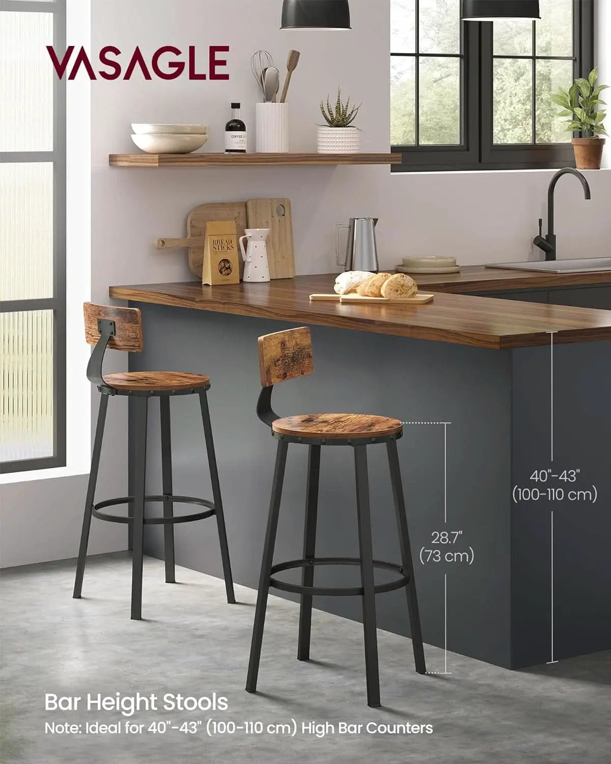 Bar Stools Set Of 2 Counter Height 28.7 Inch With Back Rustic Brown And Black from PriceLows™