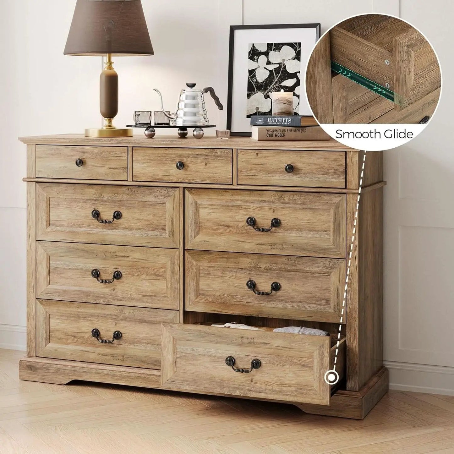 Nine Drawer Dresser Handcrafted Rustic Oakwood Finish from PriceLows™