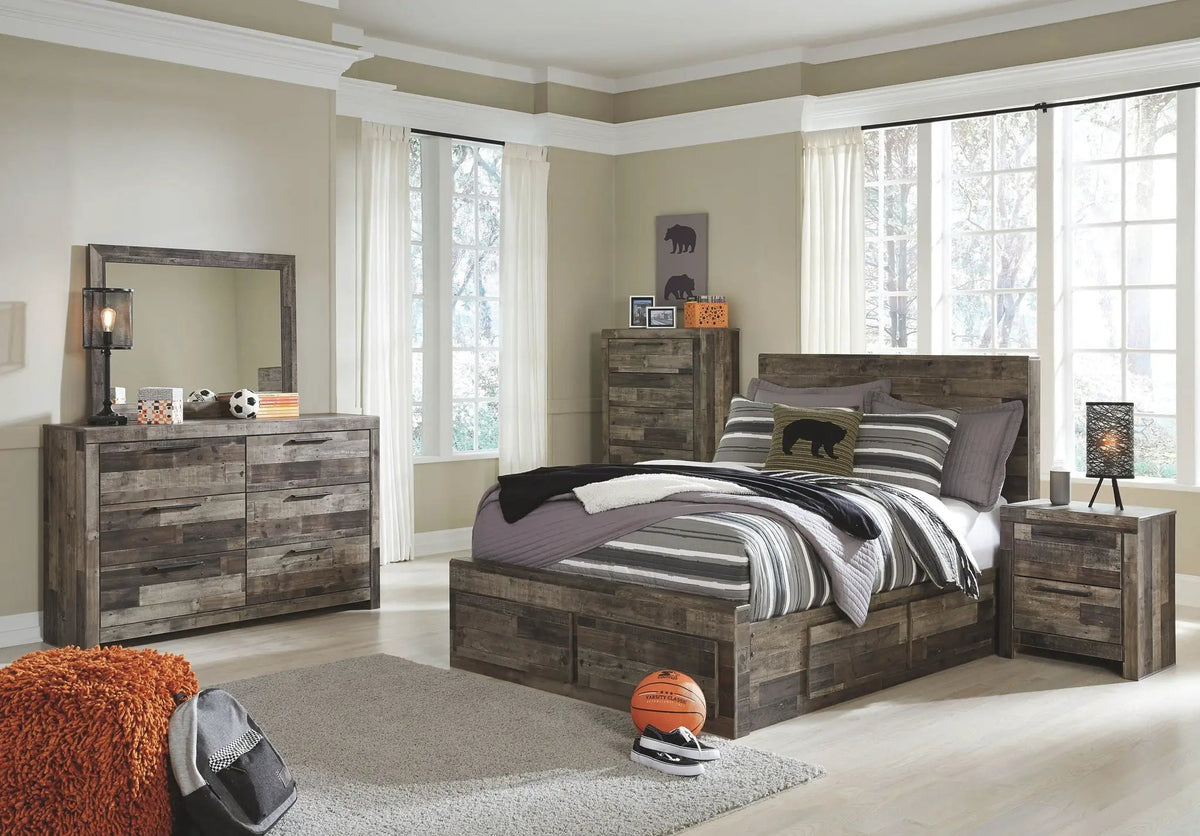 Derekson Youth Panel Bedroom Set | 4-Piece | Rustic Butcher Block Finish | Replicated Pine Grain