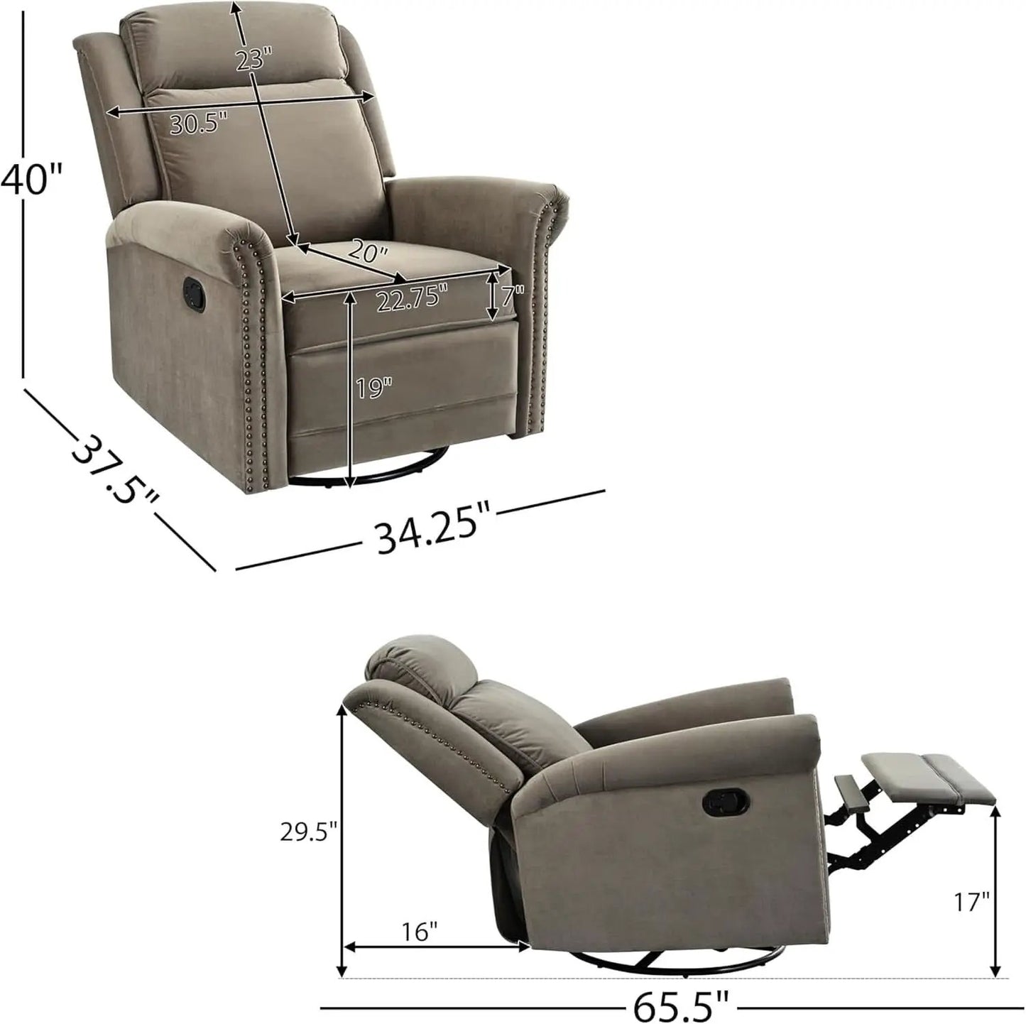 Light Brown Velvet Swivel Rocker Recliner Nailhead Trim from PriceLows™