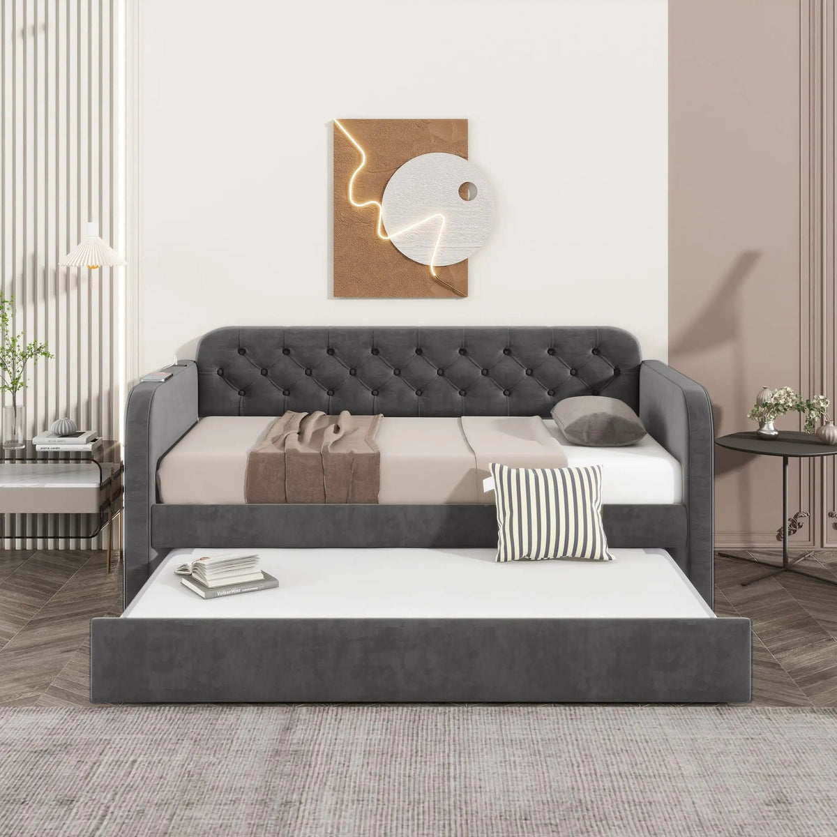 Upholstered Daybed With Trundle And USB Charging Design | 2 Pieces | Fabric | Bedroom