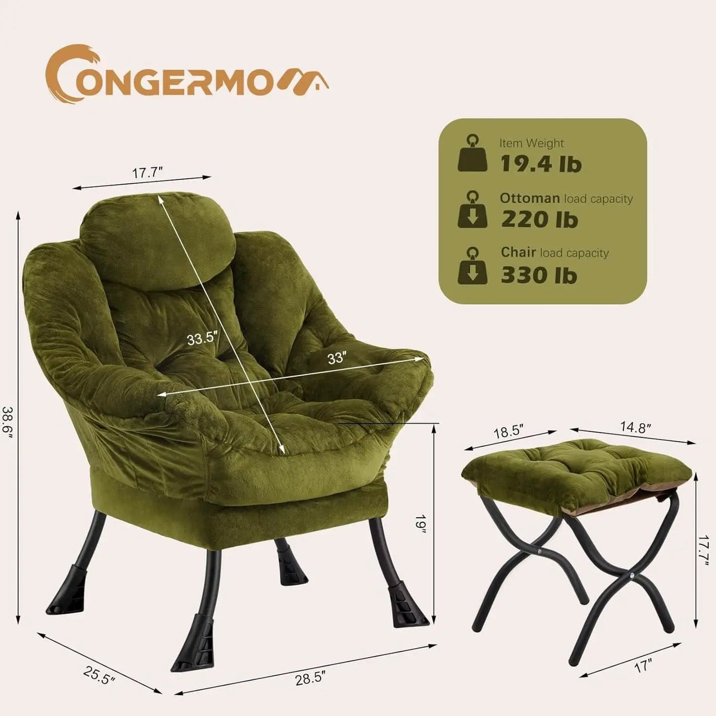 Plush Green Folding Ottoman Lounge Chair With Footrest from PriceLows™