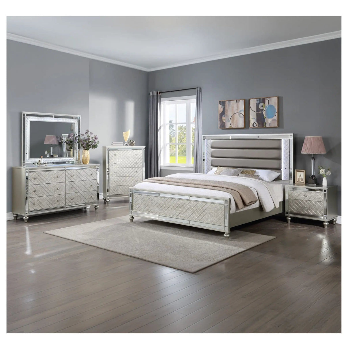 2 Drawer Nightstand With Diamond Patterned Fronts - | 28 x 18.3 x 26.5 in | 2-Drawer | Silver