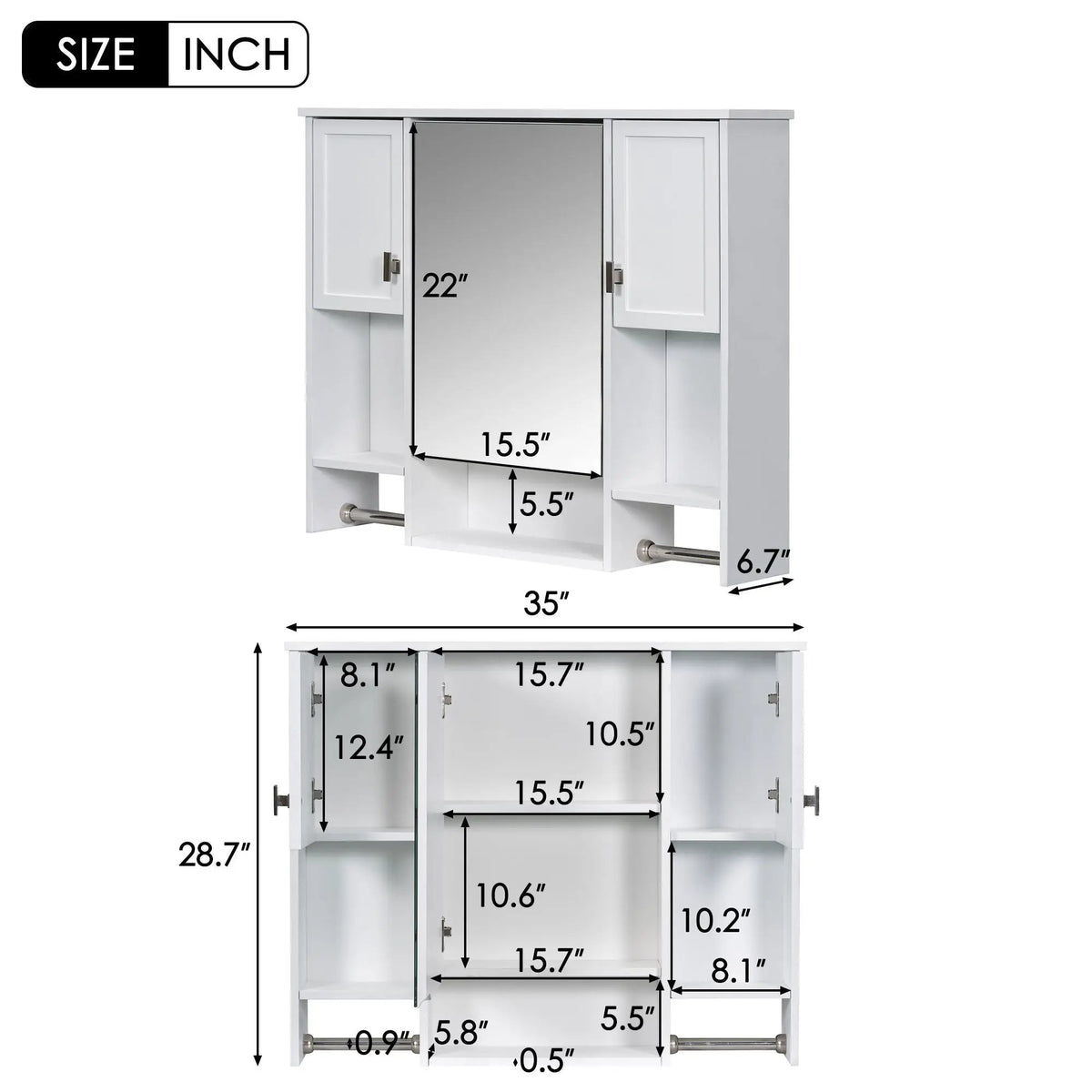Wall Mounted Bathroom Cabinet With Mirror | Towel Bar | Closed Cabinets And Open Shelves | 35 Inch Width
