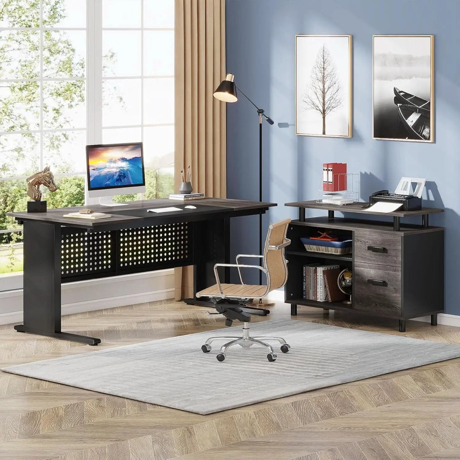 63 Inch Executive Desk With Integrated Cabinet Gray from PriceLows™