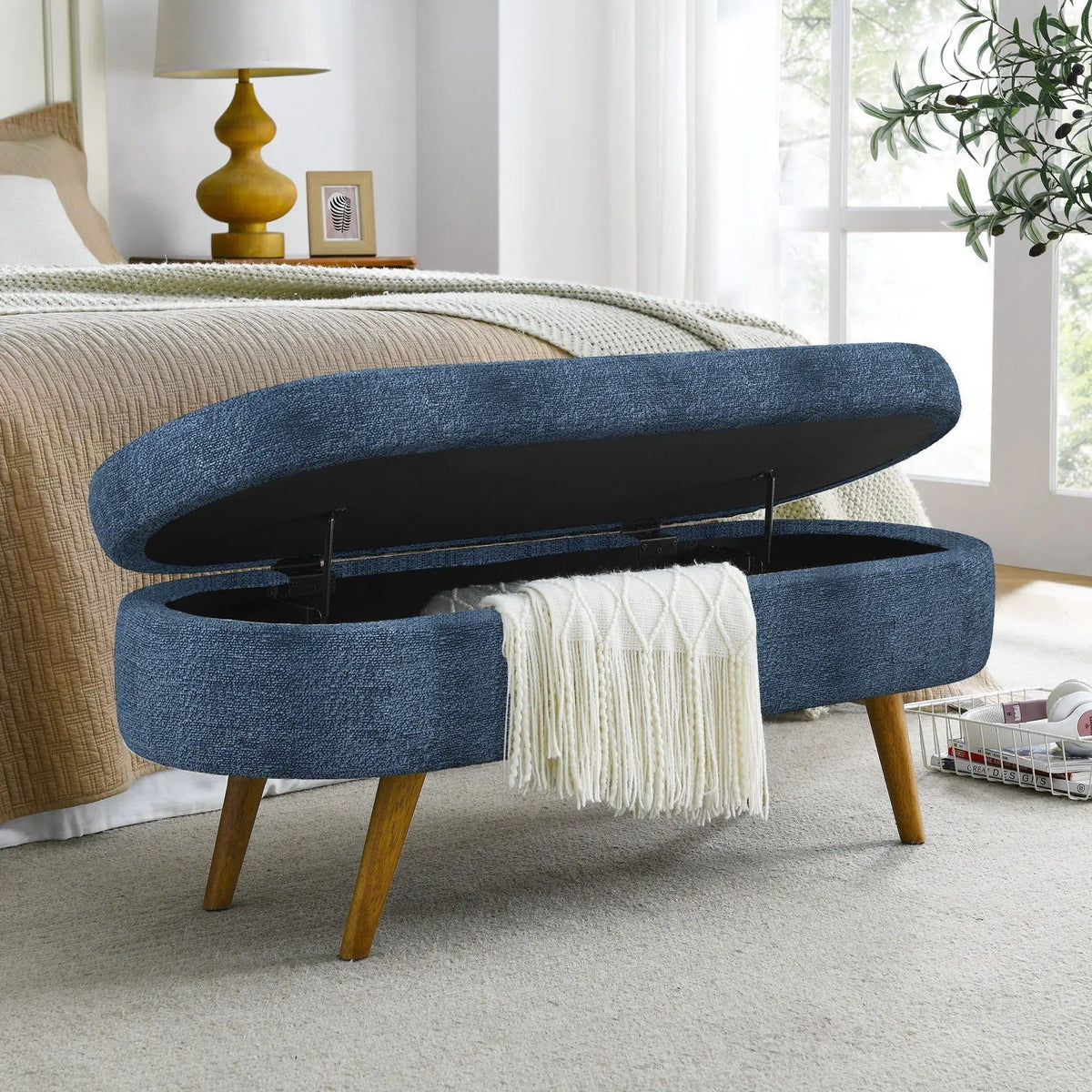 Oval Storage Ottoman Bench | Rubber Wood Legs | Pleated Dark Fabric | Footstool Or Extra Seating