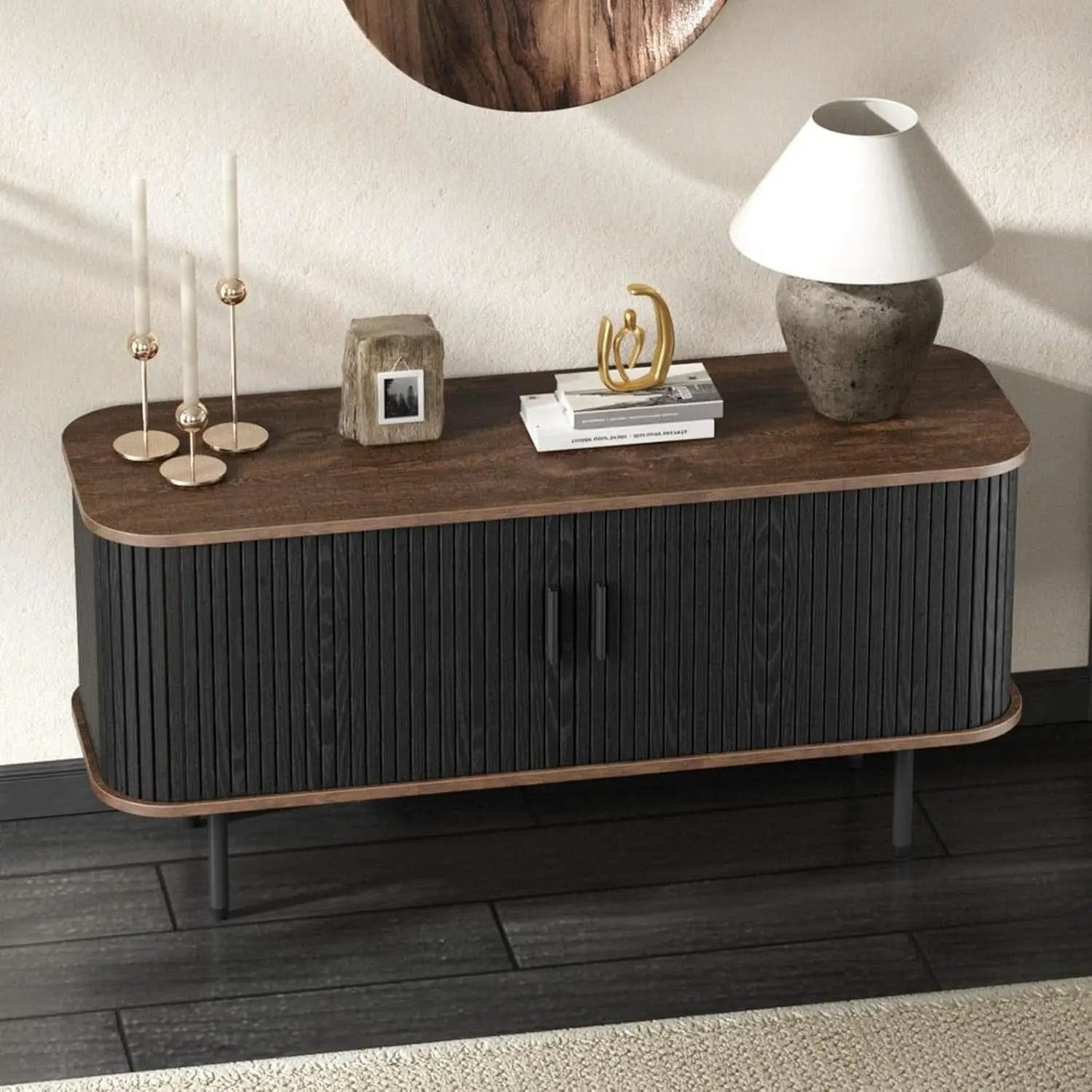 47 Inch Black TV Stand With Sliding Doors And Storage from PriceLows™
