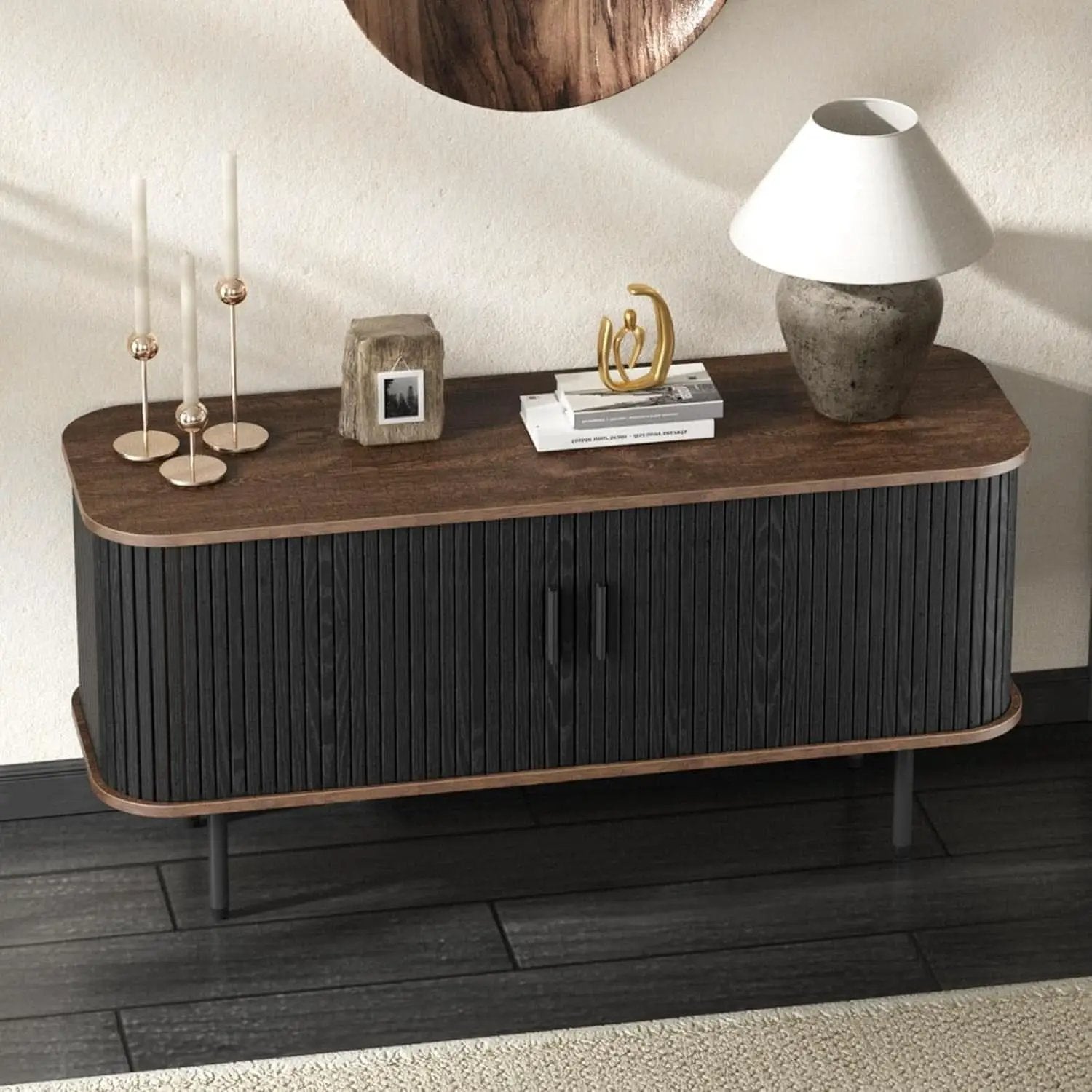 47 Inch Black TV Stand With Sliding Doors And Storage from PriceLows™