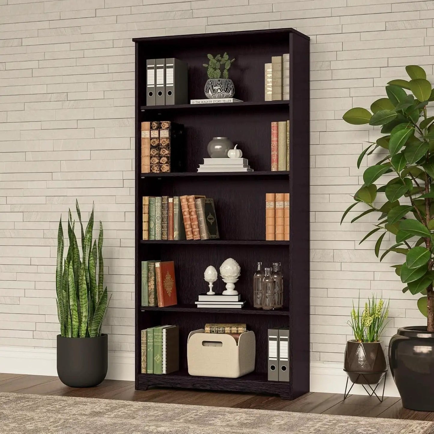 Tall Five Shelf Bookcase Espresso Oak For Living Room from PriceLows™