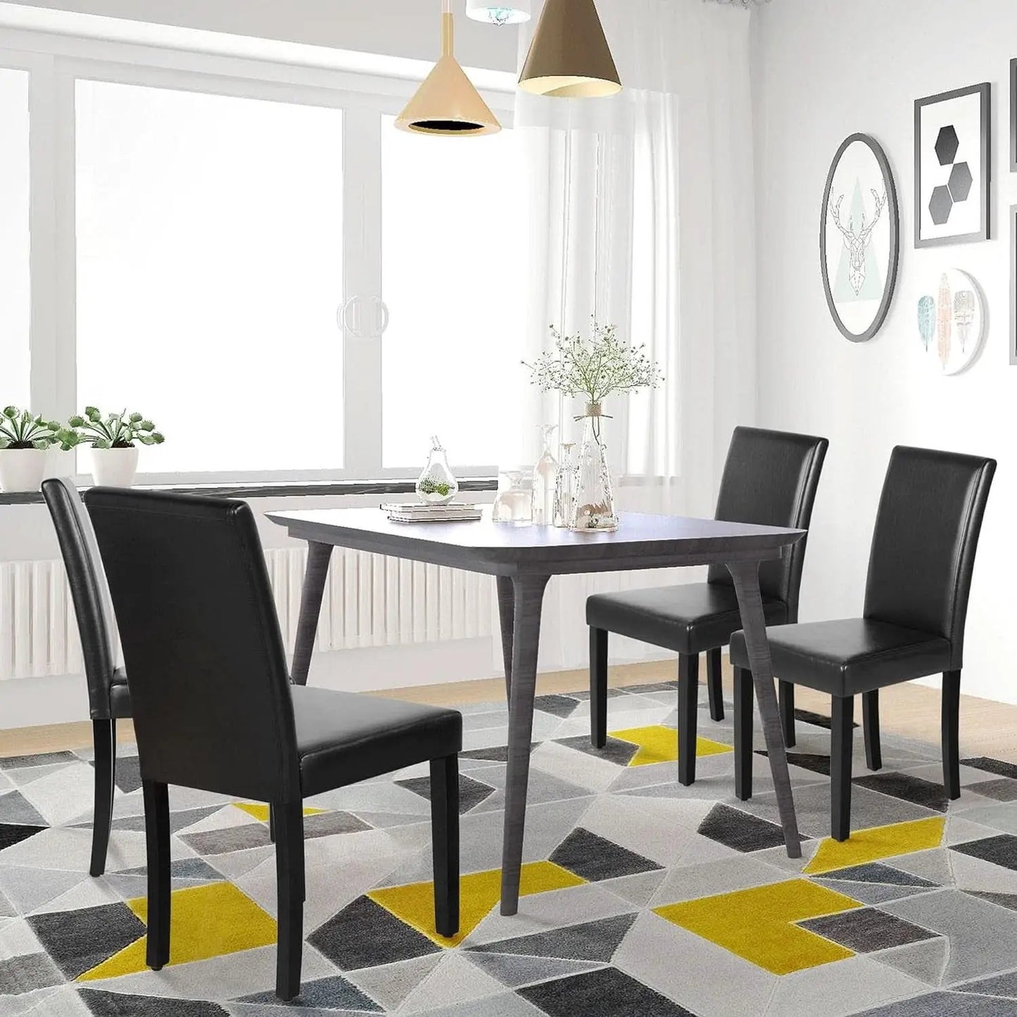 Dining Chair Set Of 4 PU Leather Upholstered Chairs With Solid Wood Legs Black from PriceLows™