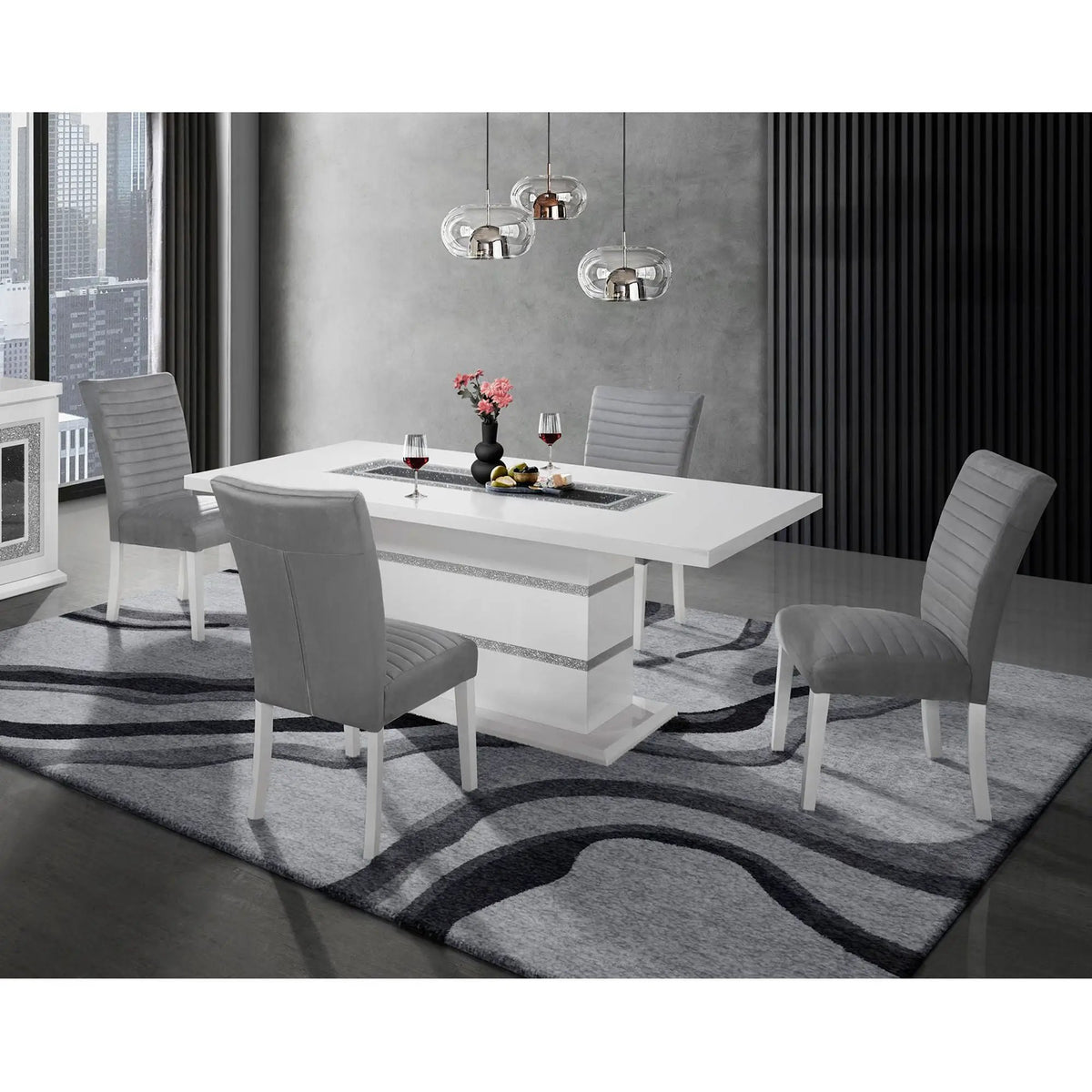 Ariya Dining Table | 79 Inch Width | High Gloss Finish | Glitter Detailing