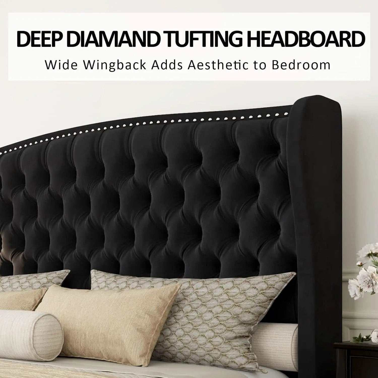 Queen Size Platform Bed Frame With Nailhead Trim Deluxe from PriceLows™
