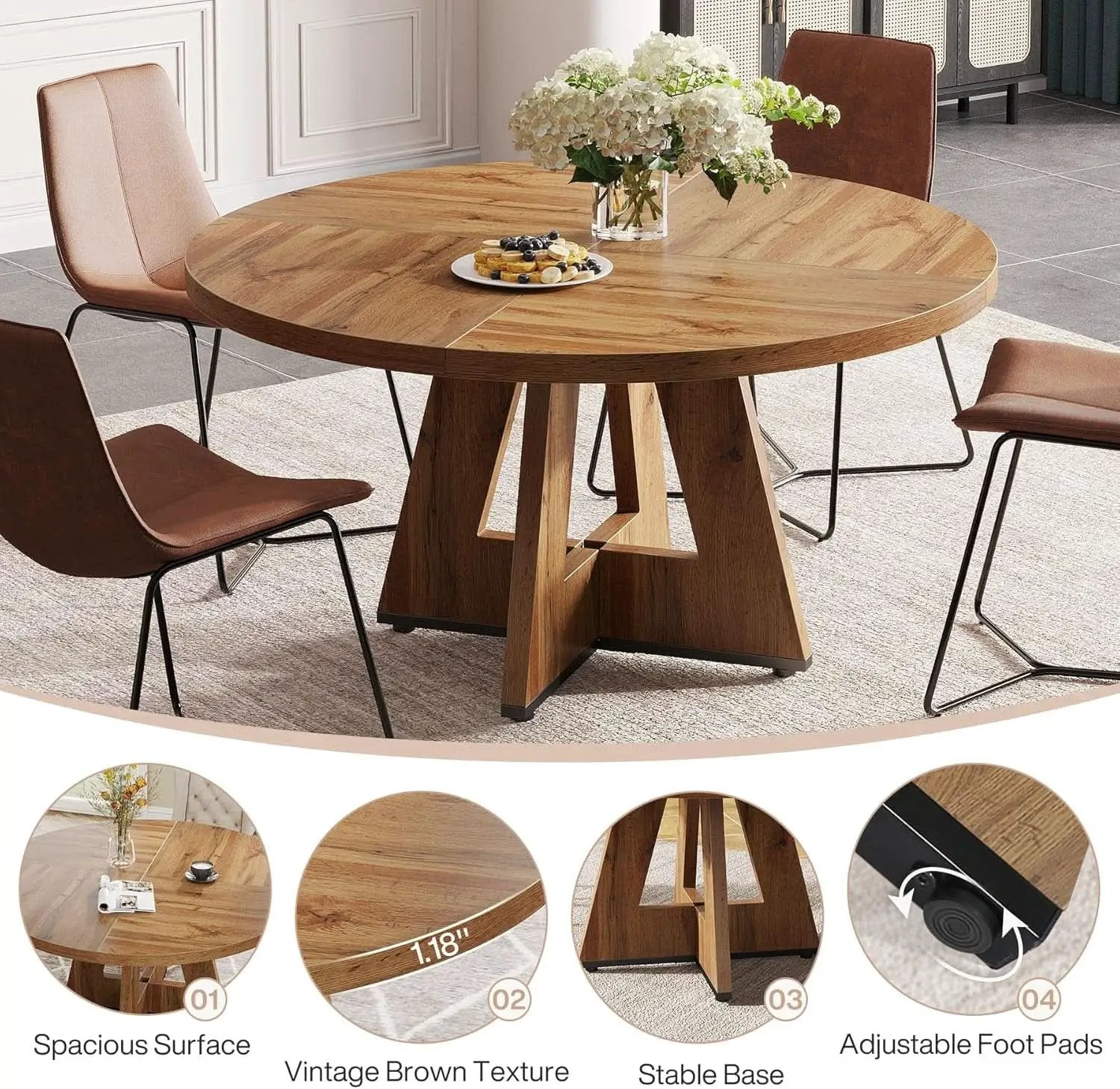 Round 47 Inch Farmhouse Dining Table For Four Kitchen Living Room Wood from PriceLows™
