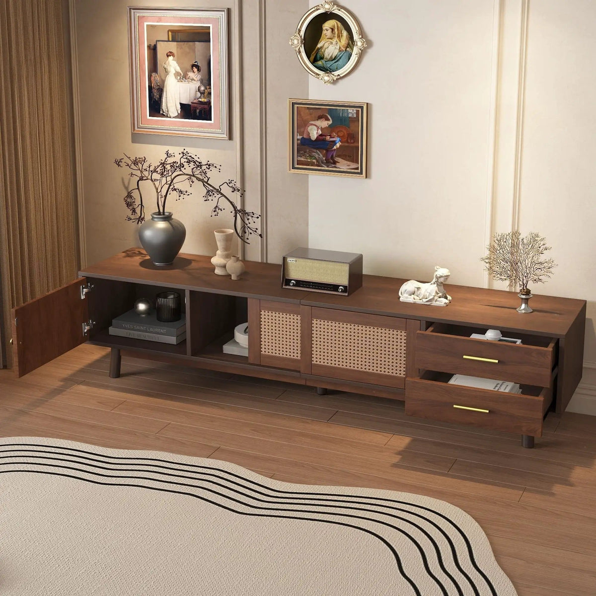 80 Inch TV Stand | Sliding Doors And Drawers | Interwoven Rattan Design | Metal Handles