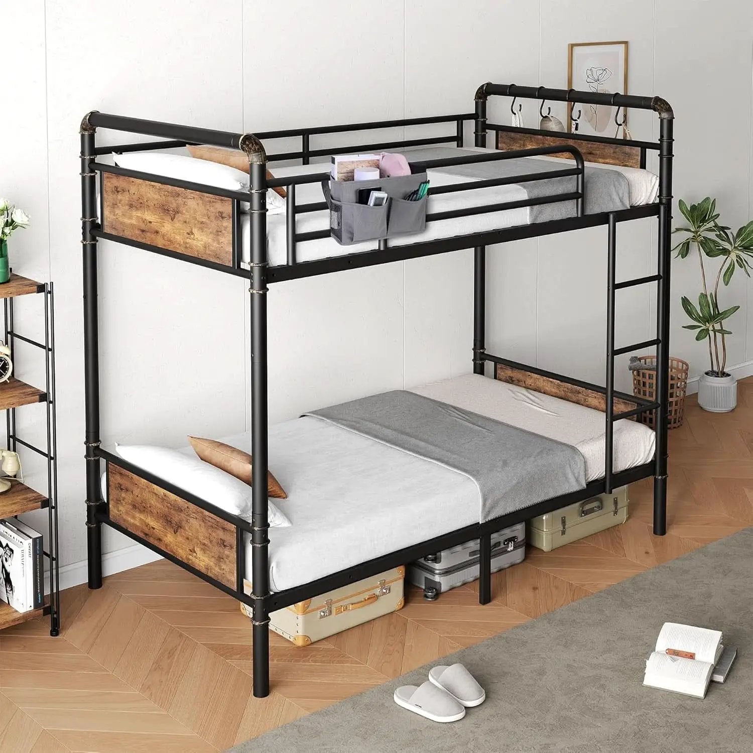 Metal Twin Over Twin Bunk Bed Vintage Brown Safety Rails from PriceLows™