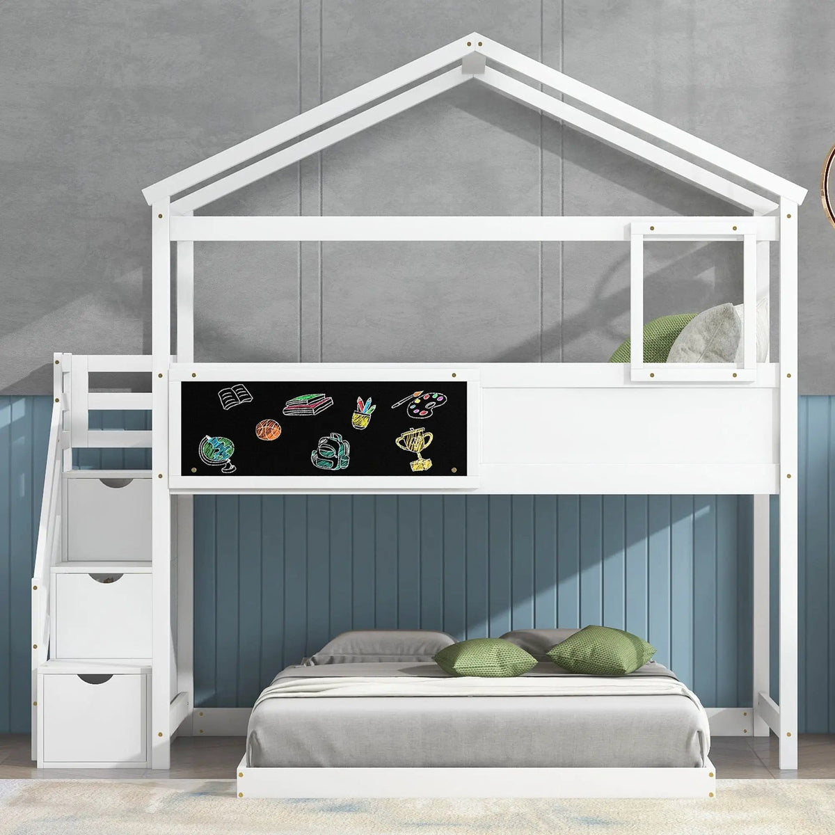House Style Bunk Bed With Storage Staircase And board | 2 Pieces | Pine Wood | Bedroom