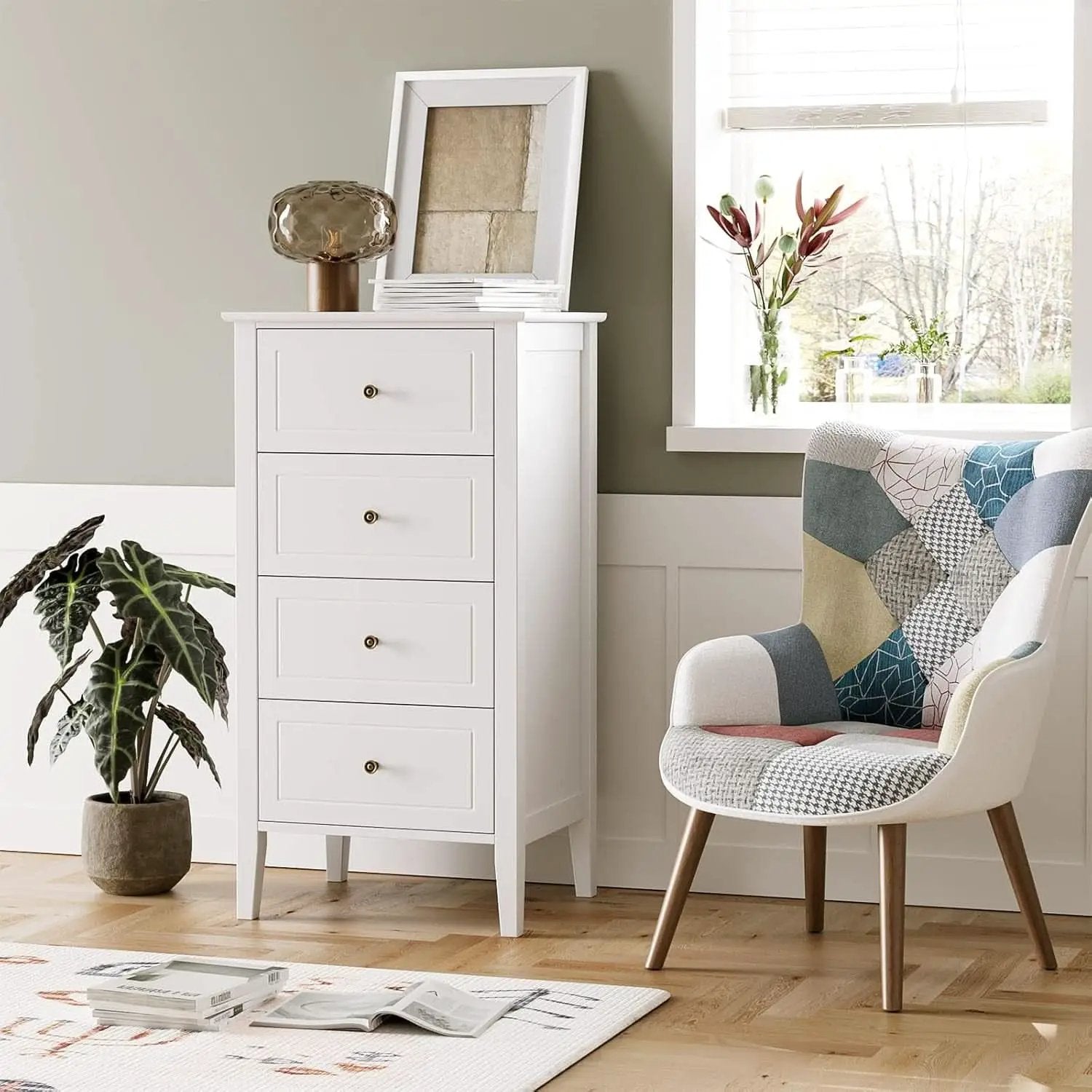 White Antique Four Drawer Dresser With Hardwood Storage from PriceLows™