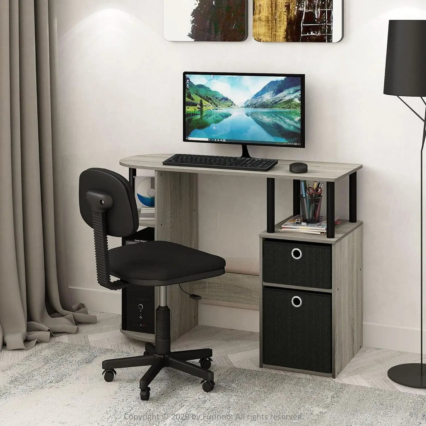 Jaya Simplistic Computer Desk CPU Shelf Oak Grey Black from PriceLows™