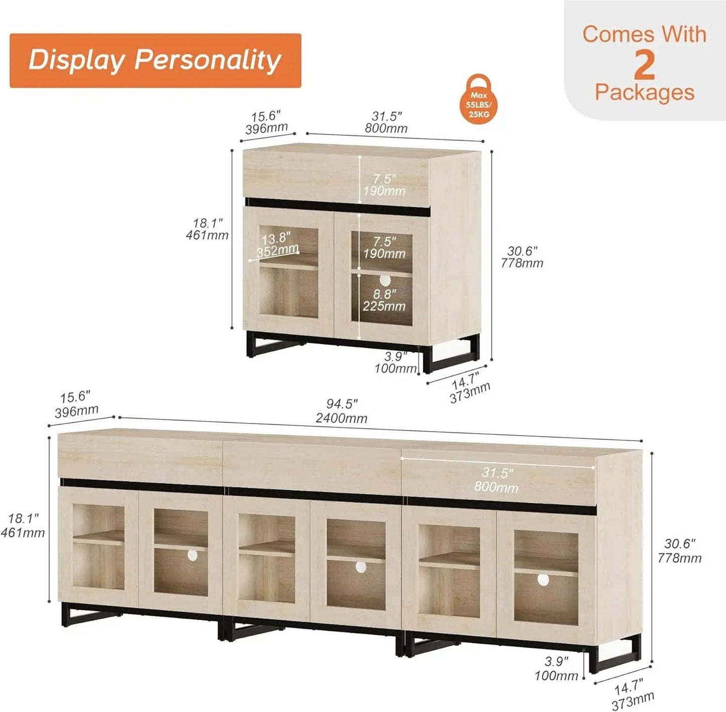Light Oak Glass Doors Sideboard With Drawers For Dining from PriceLows™