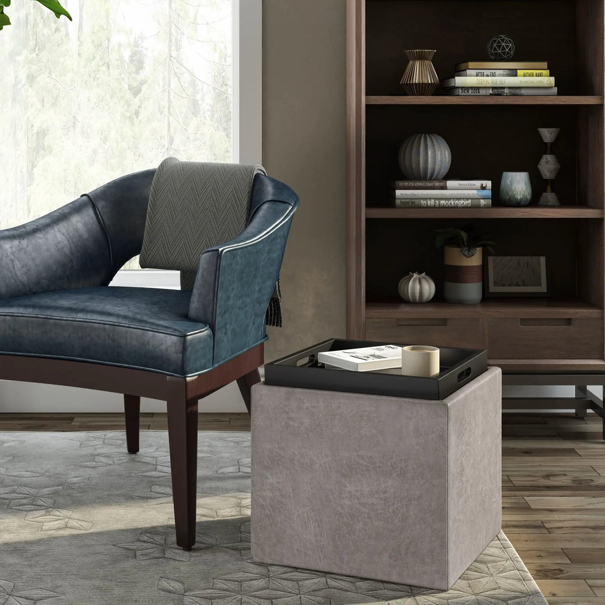 Rockwood Upholstered Cube Ottoman | Flip Over Serving Tray | Large Interior Storage | 16.9 Inch Cube