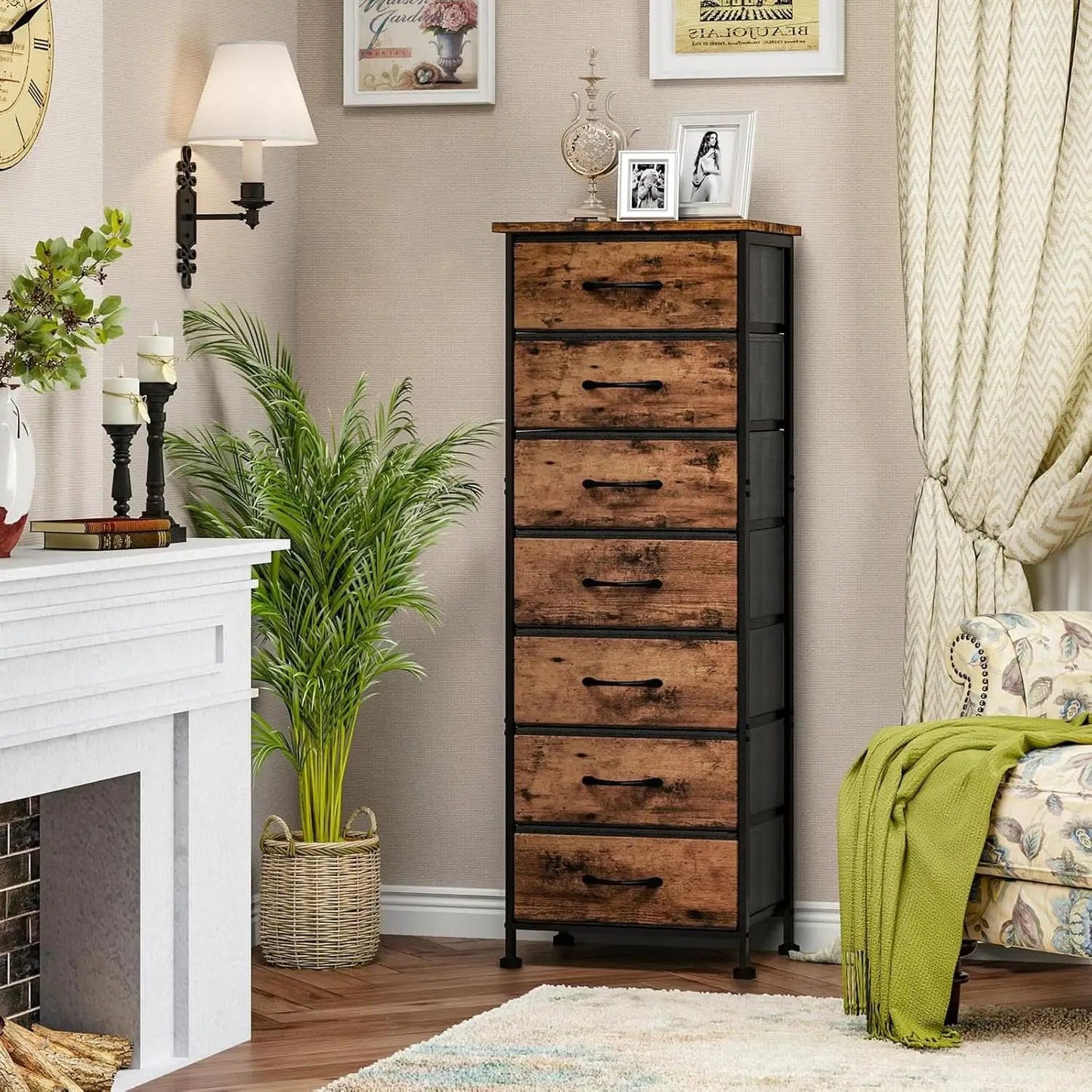 Tall Dresser With Seven Fabric Drawers In Woodgrain Finish from PriceLows™