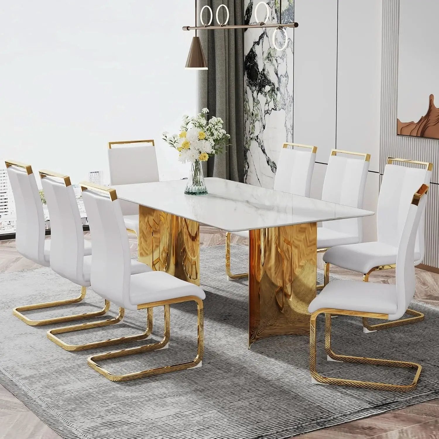 White Marble Dining Table 71 Inch Glass Top Gold Base from PriceLows™