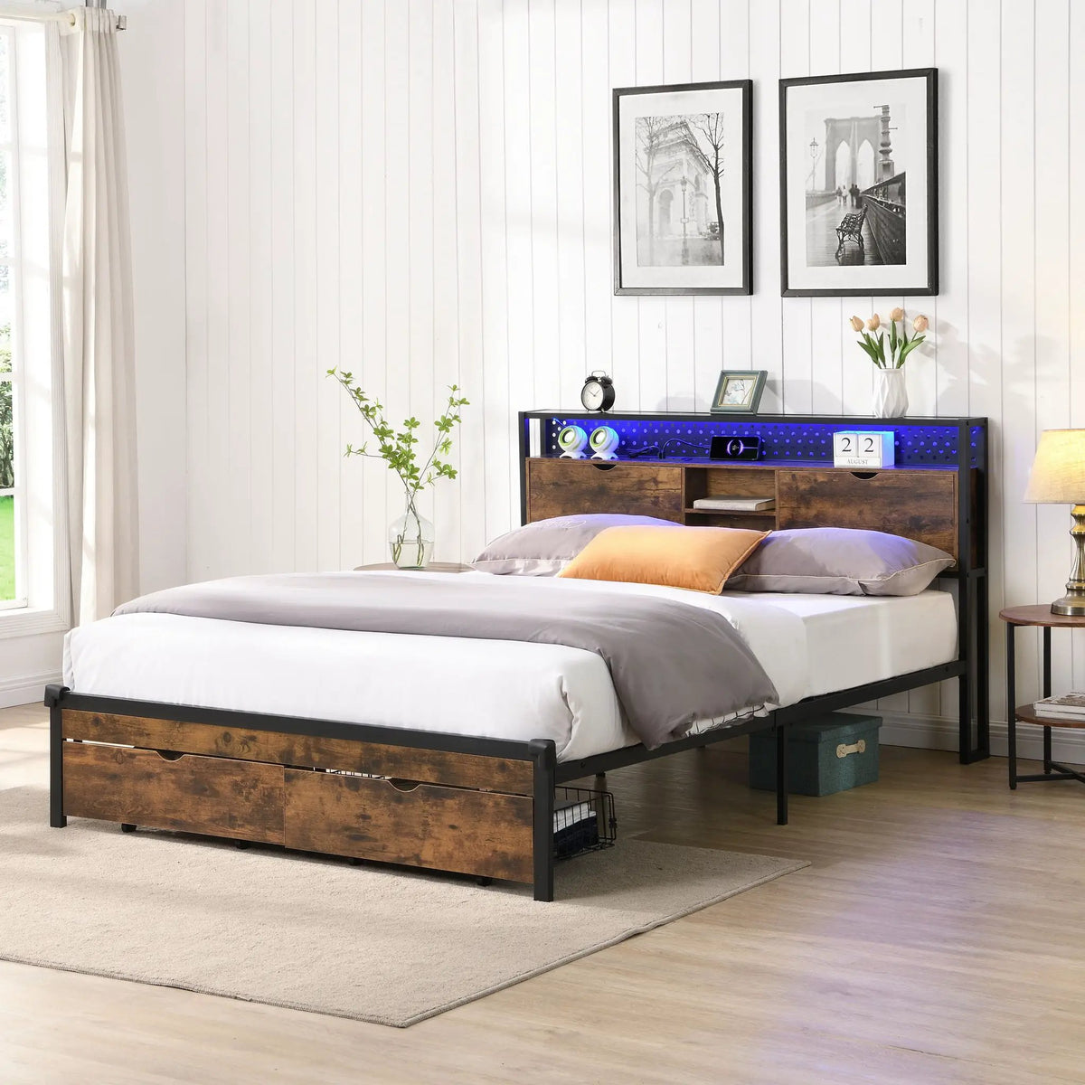 Metal Platform Bed Frame | Wooden Headboard | USB LED Storage