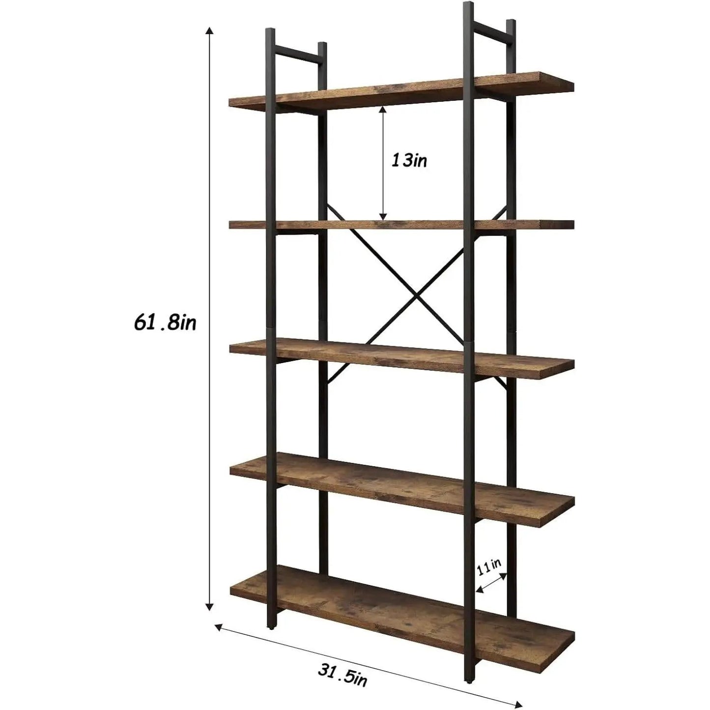 Five Tier Bookshelf Organizer Rustic Brown Metal Shelving from PriceLows™