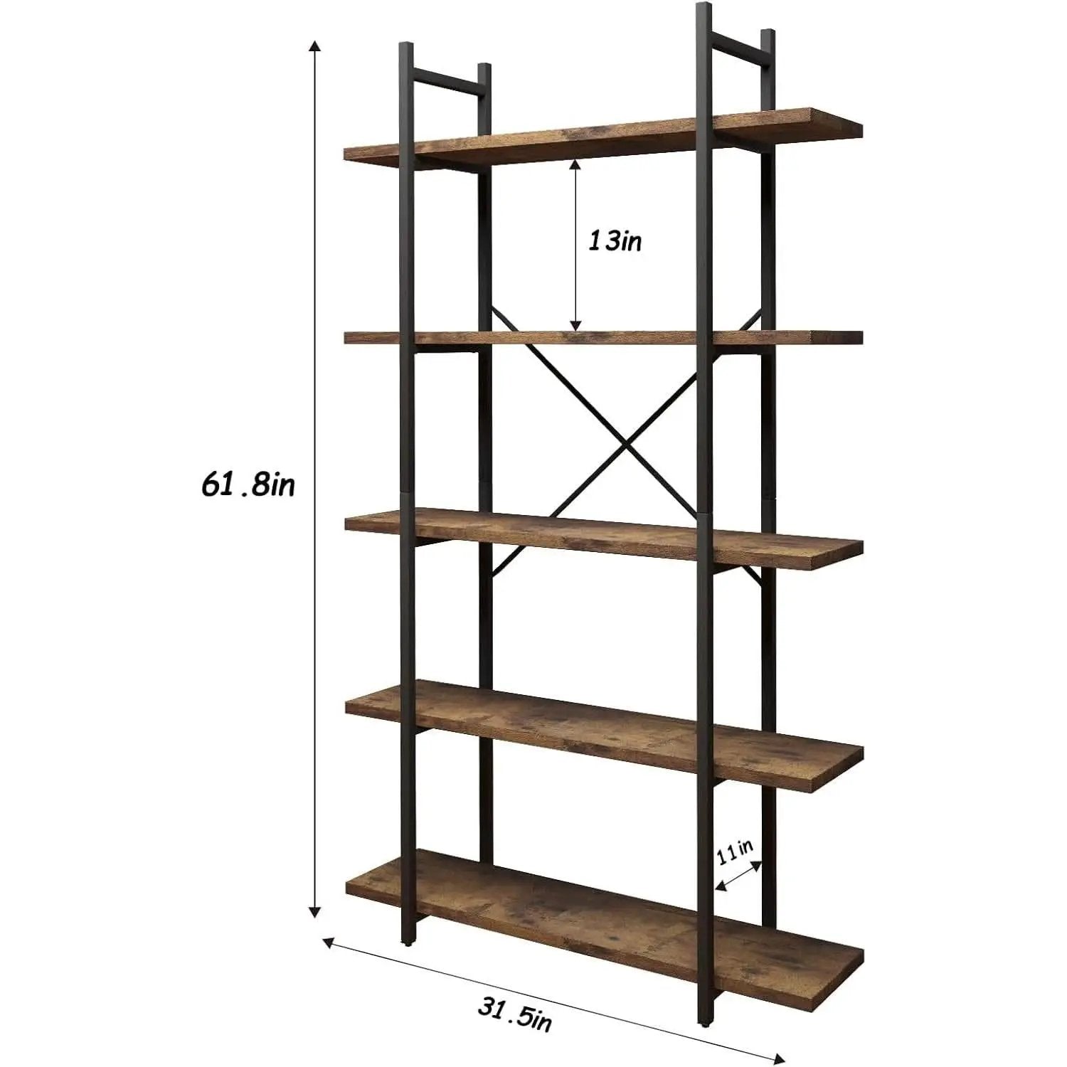 Five Tier Bookshelf Organizer Rustic Brown Metal Shelving from PriceLows™