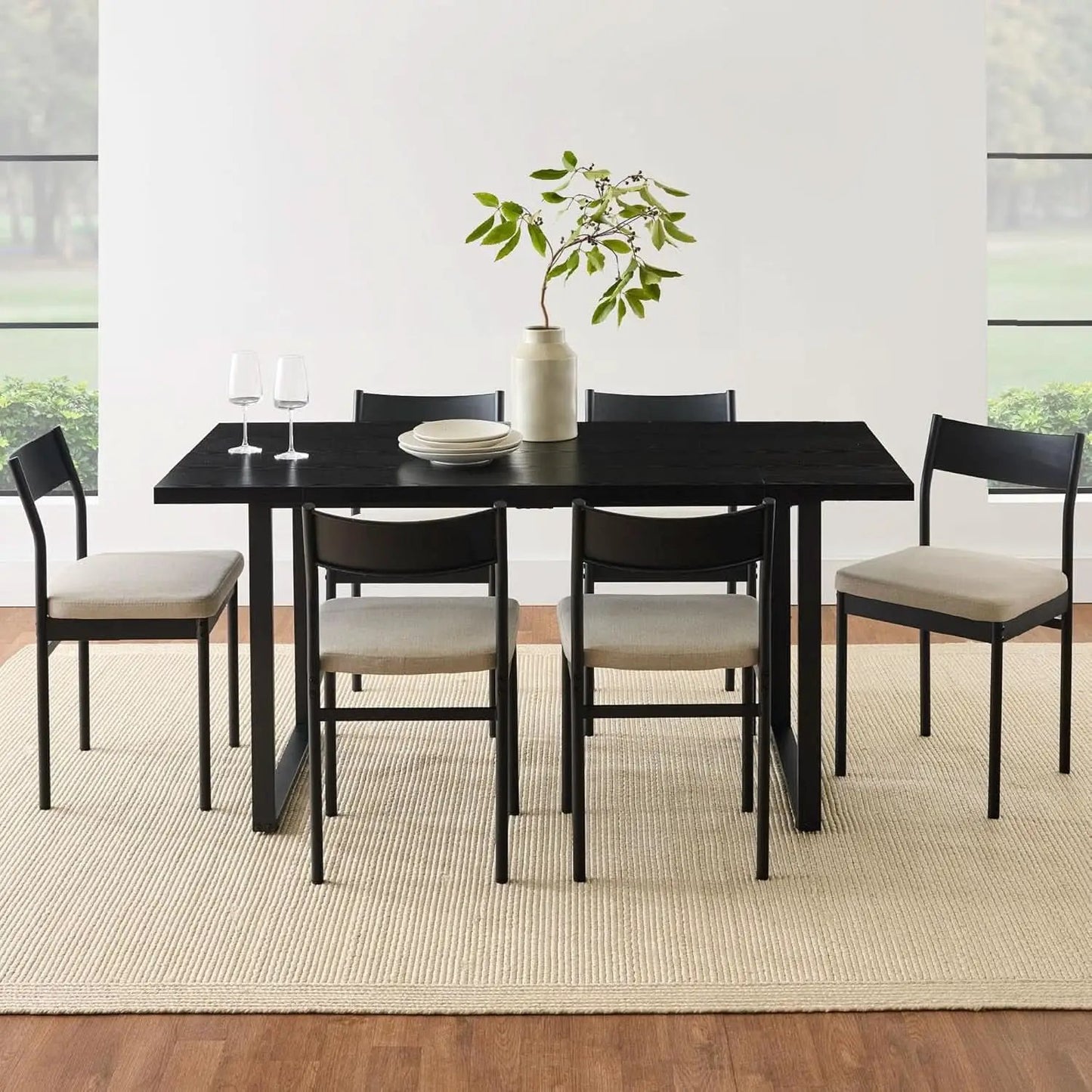 Six Seat Contemporary Dining Set Black Upholstered from PriceLows™