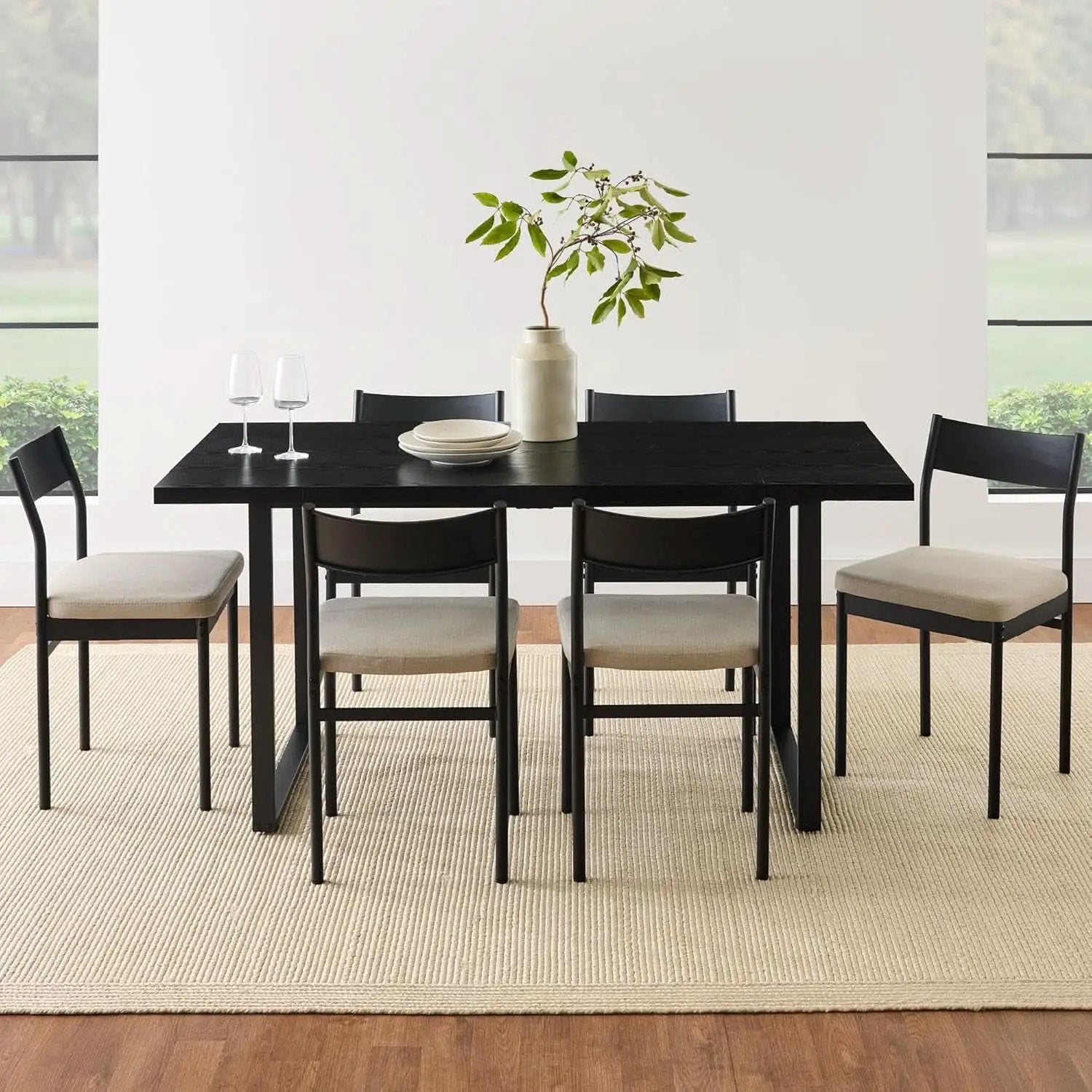 Six Seat Contemporary Dining Set Black Upholstered from PriceLows™