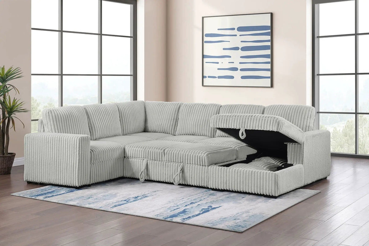 Devonshire Sleeper Sectional Sofa Storage Chaise | 122 x 96.75 x 39.25 in | Living Room Furniture | Grey