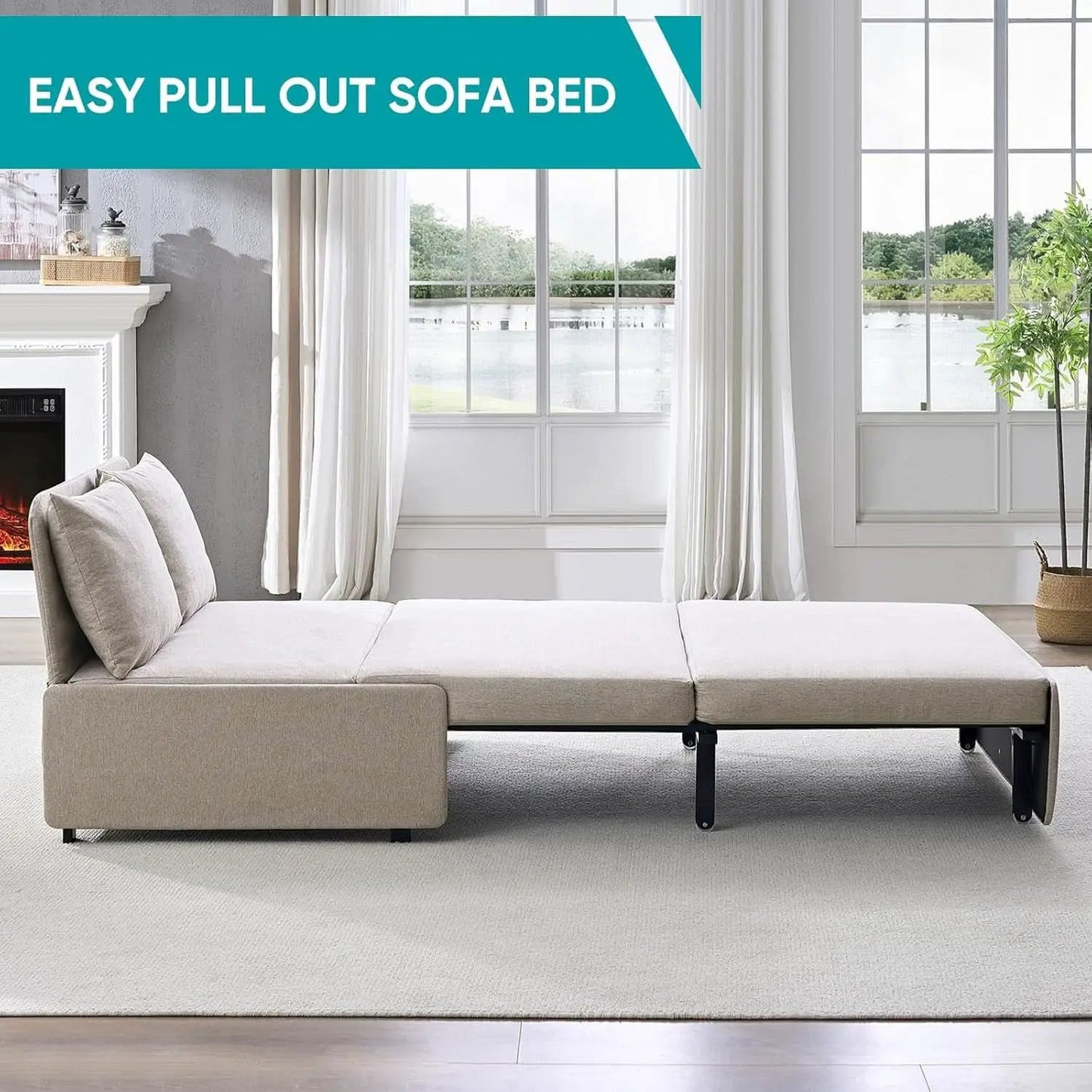 Twin Size Premium Convertible Sofa Bed Sleeper Beige from PriceLows™