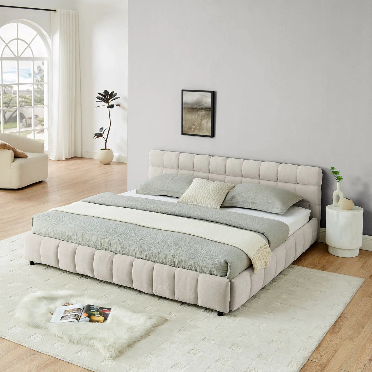 Modern Platform Storage Bed Frame | Thick Fabric Upholstery | Soft Headboard | Solid Construction