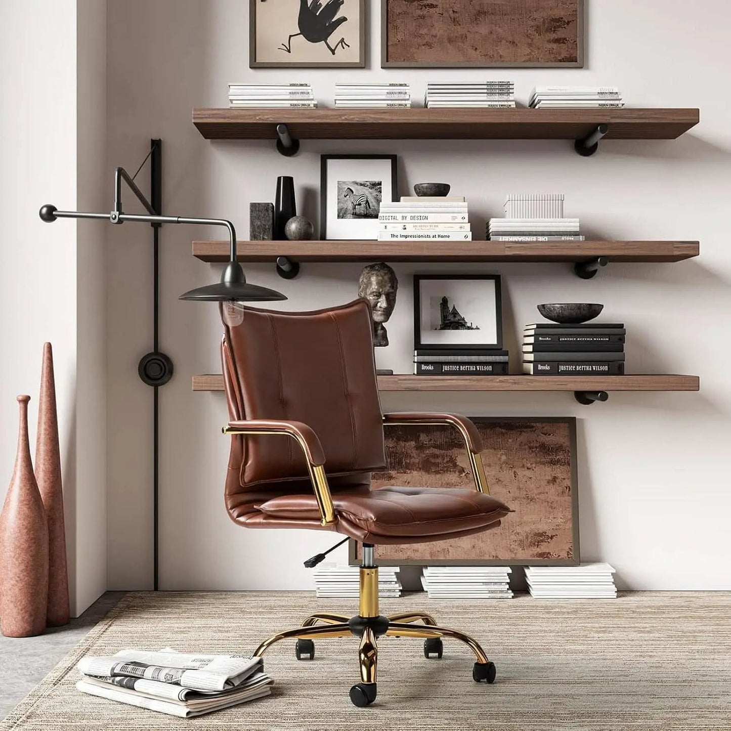 Faux Leather Home Office Desk Chair Adjustable Height Brown from PriceLows™