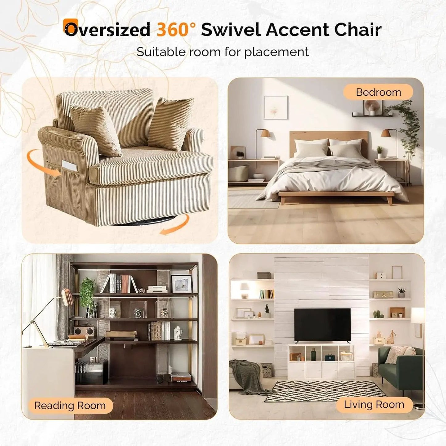Vingl Modern 39.2Inch ExtraWide Swivel Armchair Khaki from PriceLows™