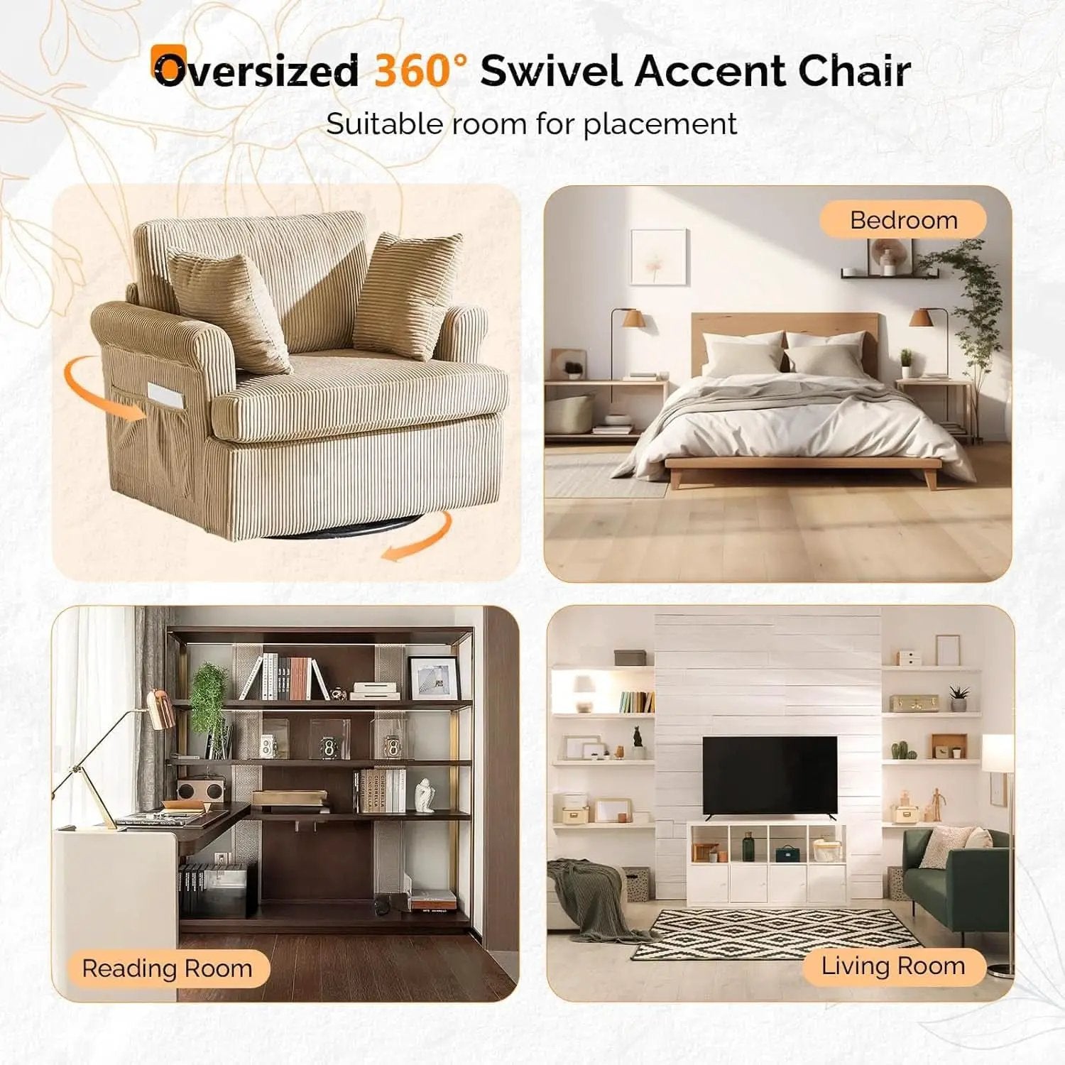 Vingl Modern 39.2Inch ExtraWide Swivel Armchair Khaki from PriceLows™