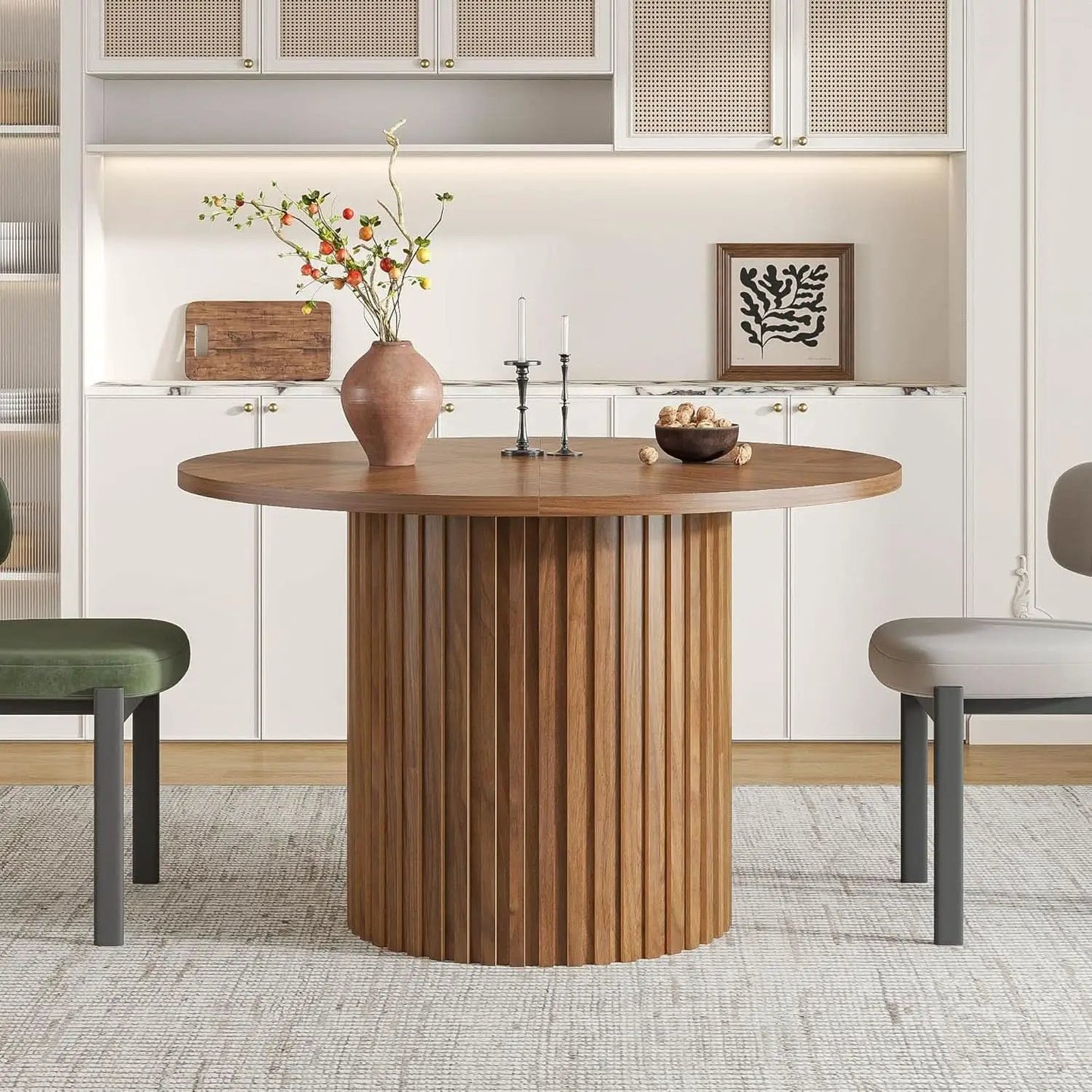 Round Walnut Dining Table 47 Inch With Wood Strip Base from PriceLows™