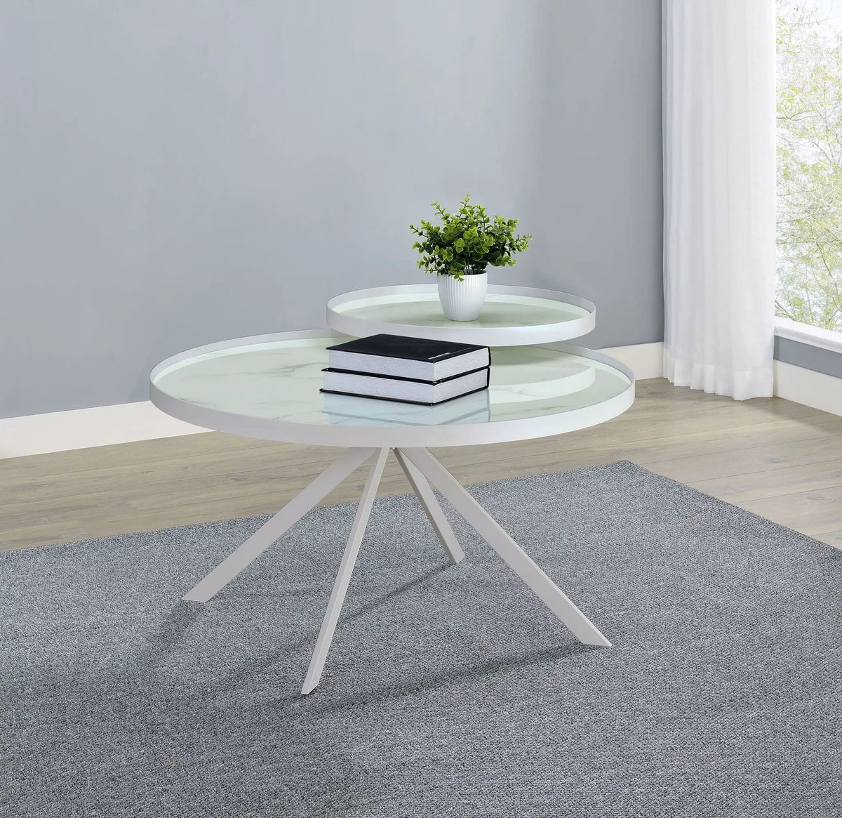 Briggs Round Marble Printed Glass Top Coffee Table | 35.75 x 35.75 x 23 in | Marble & Tempered Glass | White