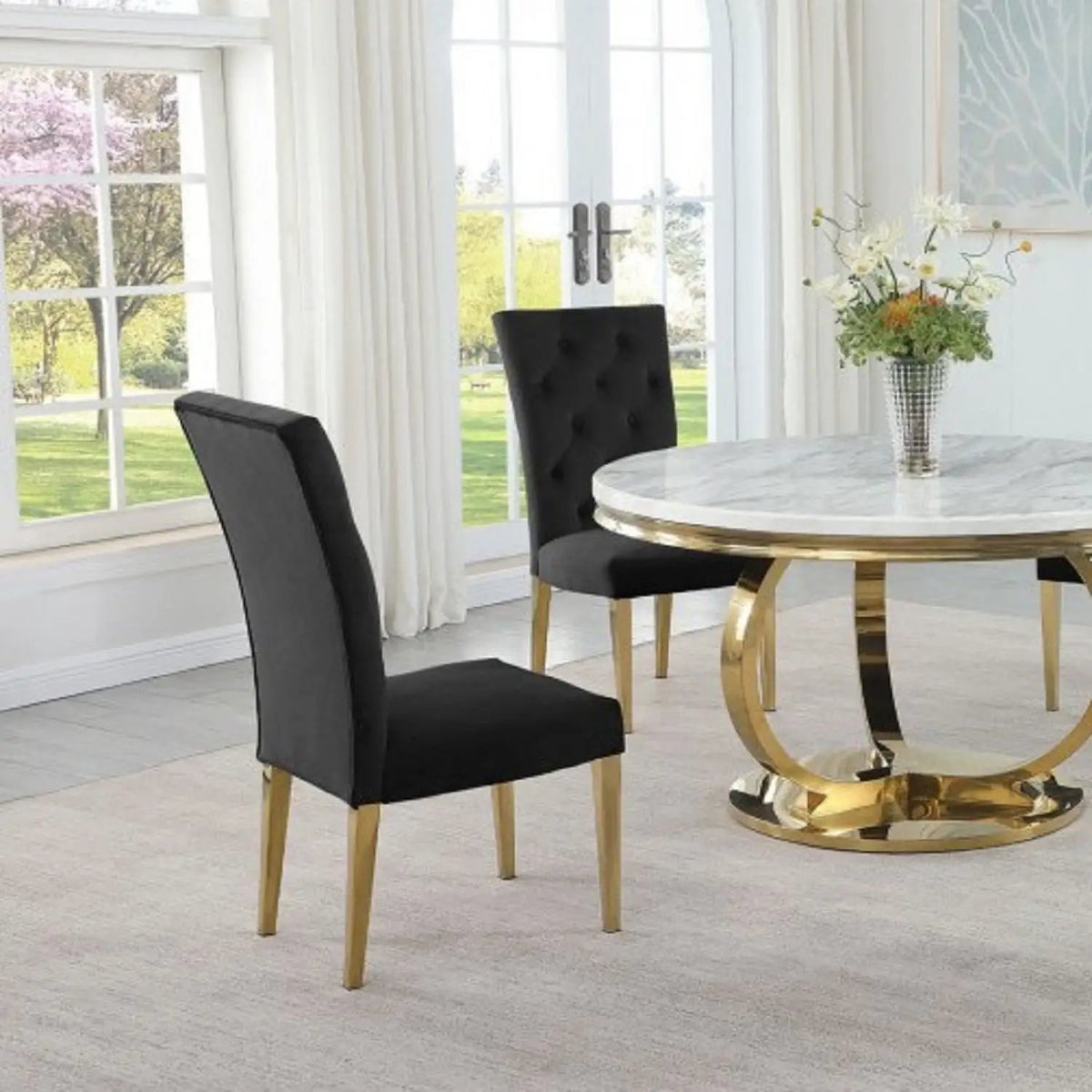 Upholstered Dining Chairs | Tufted Back | Stainless Steel Base | Set Of 2