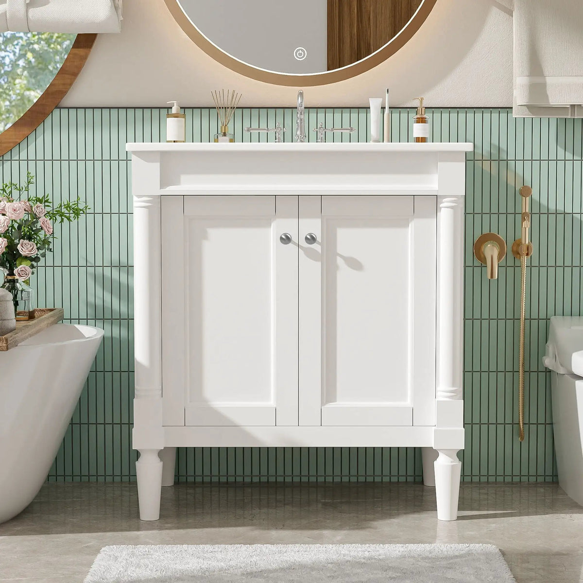 30 Inch Bathroom Vanity With Sink | Soft Close Doors | Carved French Detailing | Adjustable Shelf
