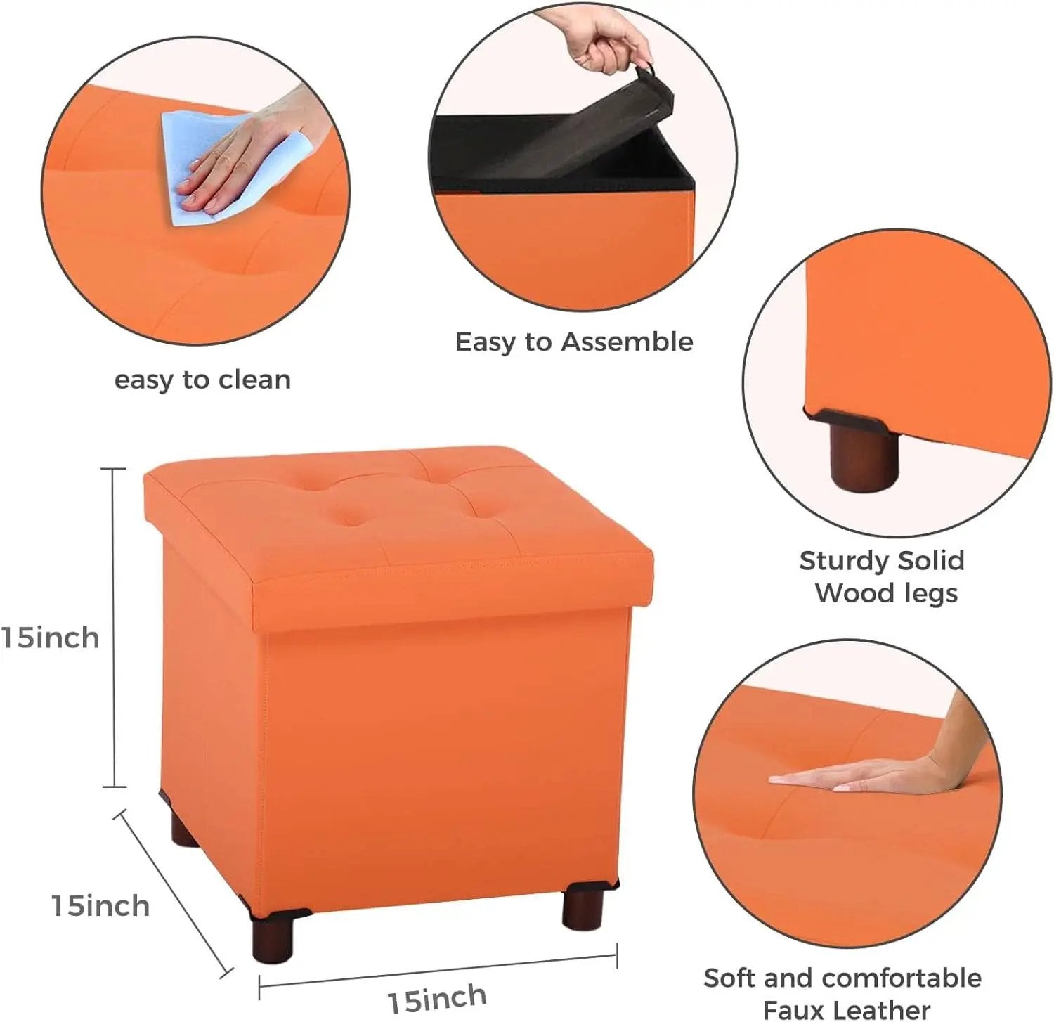 Orange Faux Leather Storage Ottoman With Wooden Tray from PriceLows™