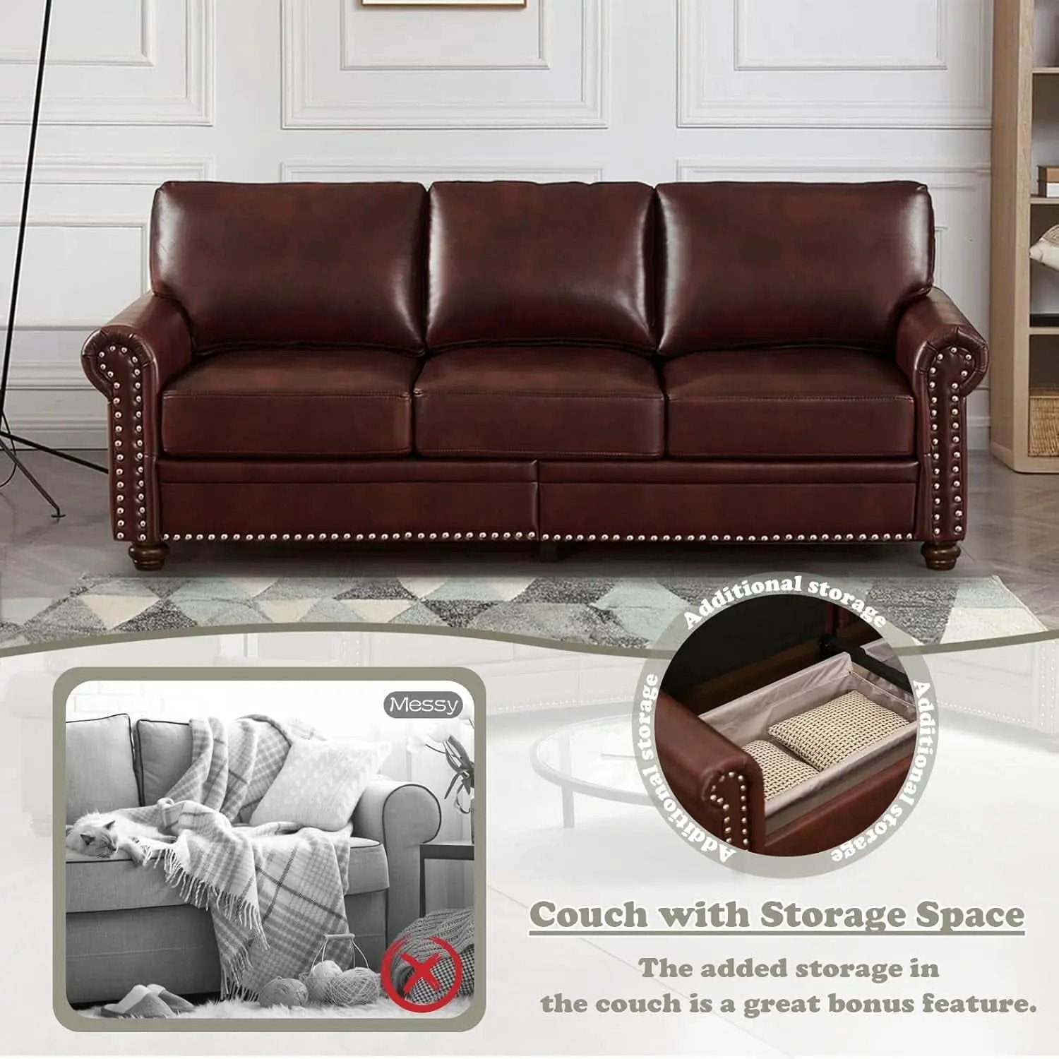 Two Piece Upholstered PU Leather Sofa Set With Hidden Storage Red Brown Mid Century Modern Living Room Furniture from PriceLows™