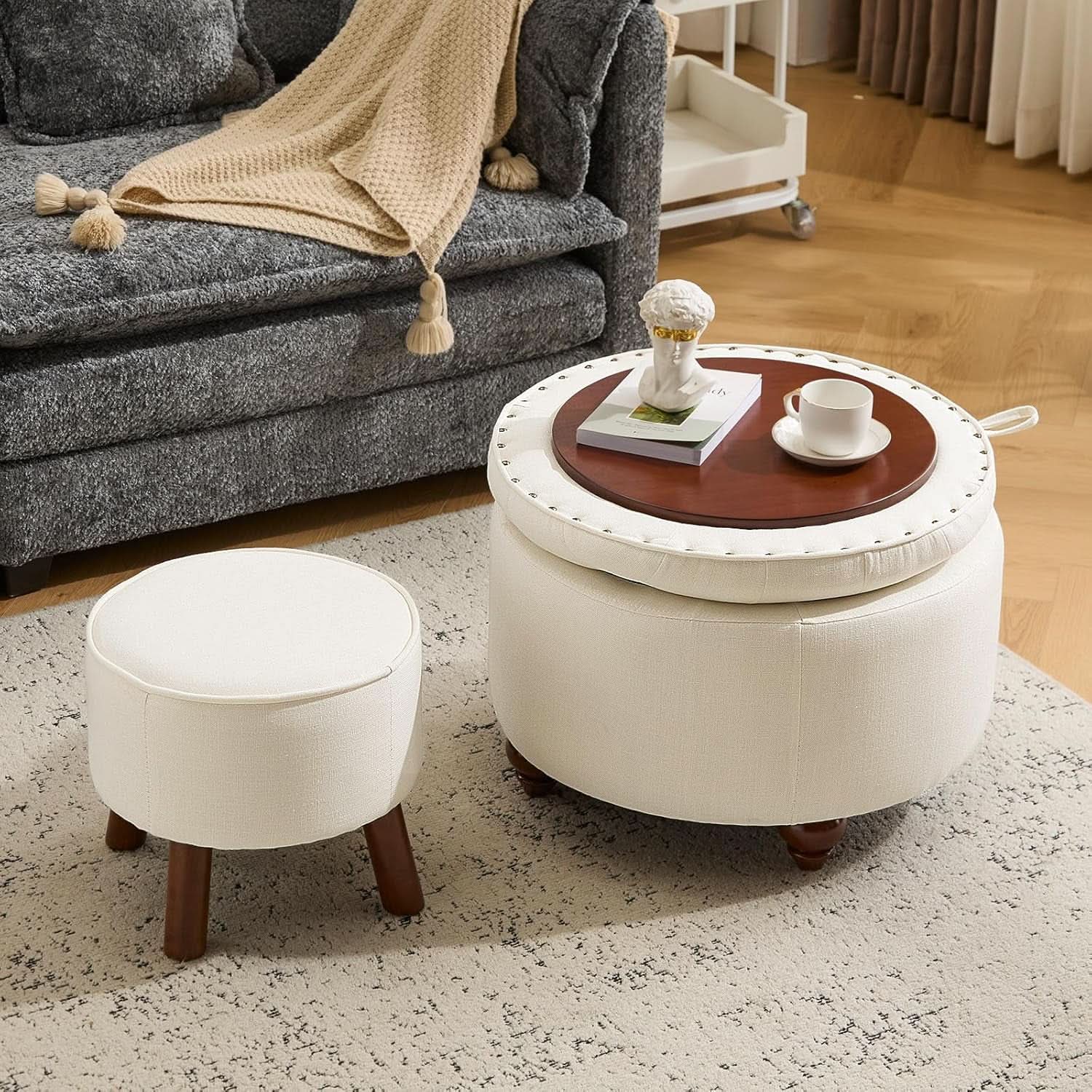 24 Inch Round Beige Storage Ottoman Removable TopWith Storage from PriceLows™
